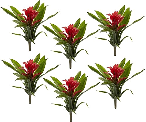 Miniatura 4 de Nearly Natural Tallo de flor artificial de bromelia de 11 pulgadas, juego de 6