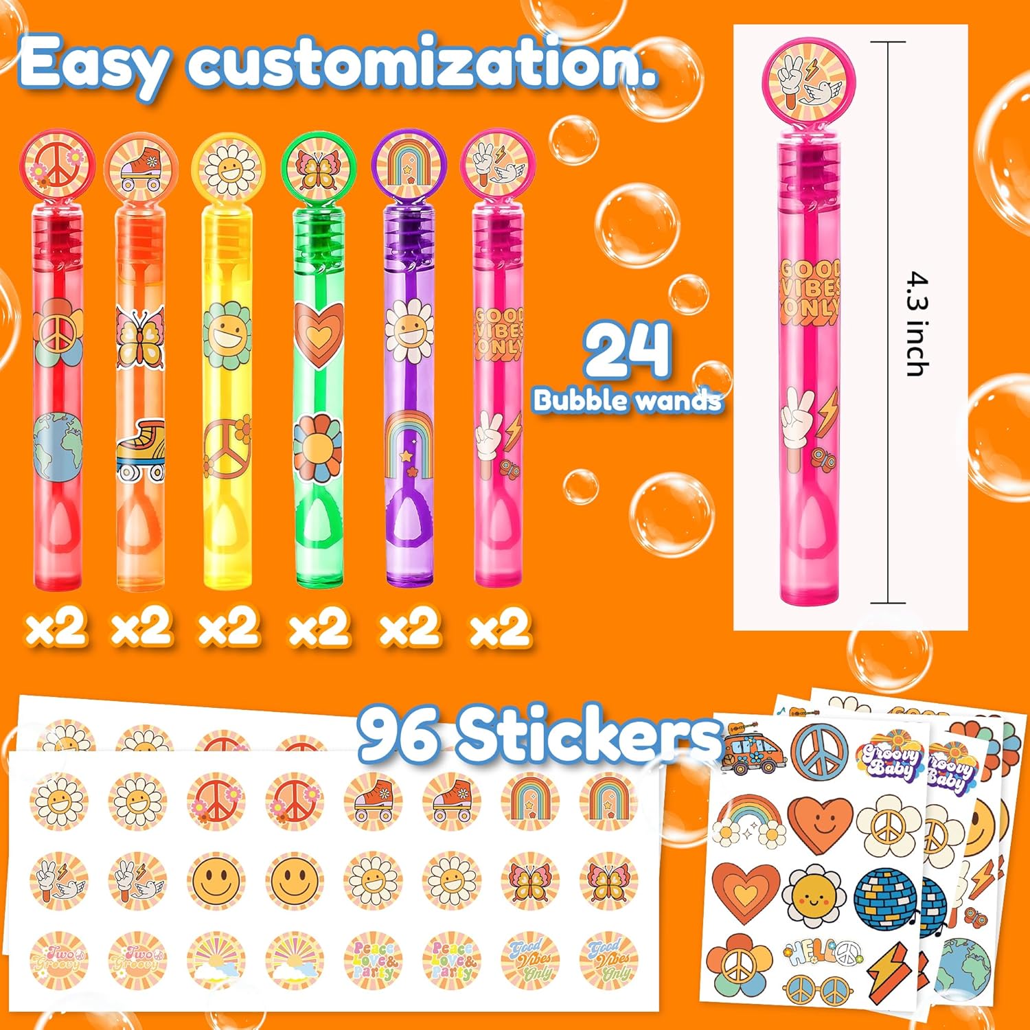 24PCS Groovy 70s DIY Bubble Wands with 96PCS Stickers - Party Favor for Goodie Bags, Pinata Stuffers, Mini Bubble Bulk Farm Birthday Supplies, Toys Gifts, Class Prizes for Toddlers, Boys & Girls - Image 3