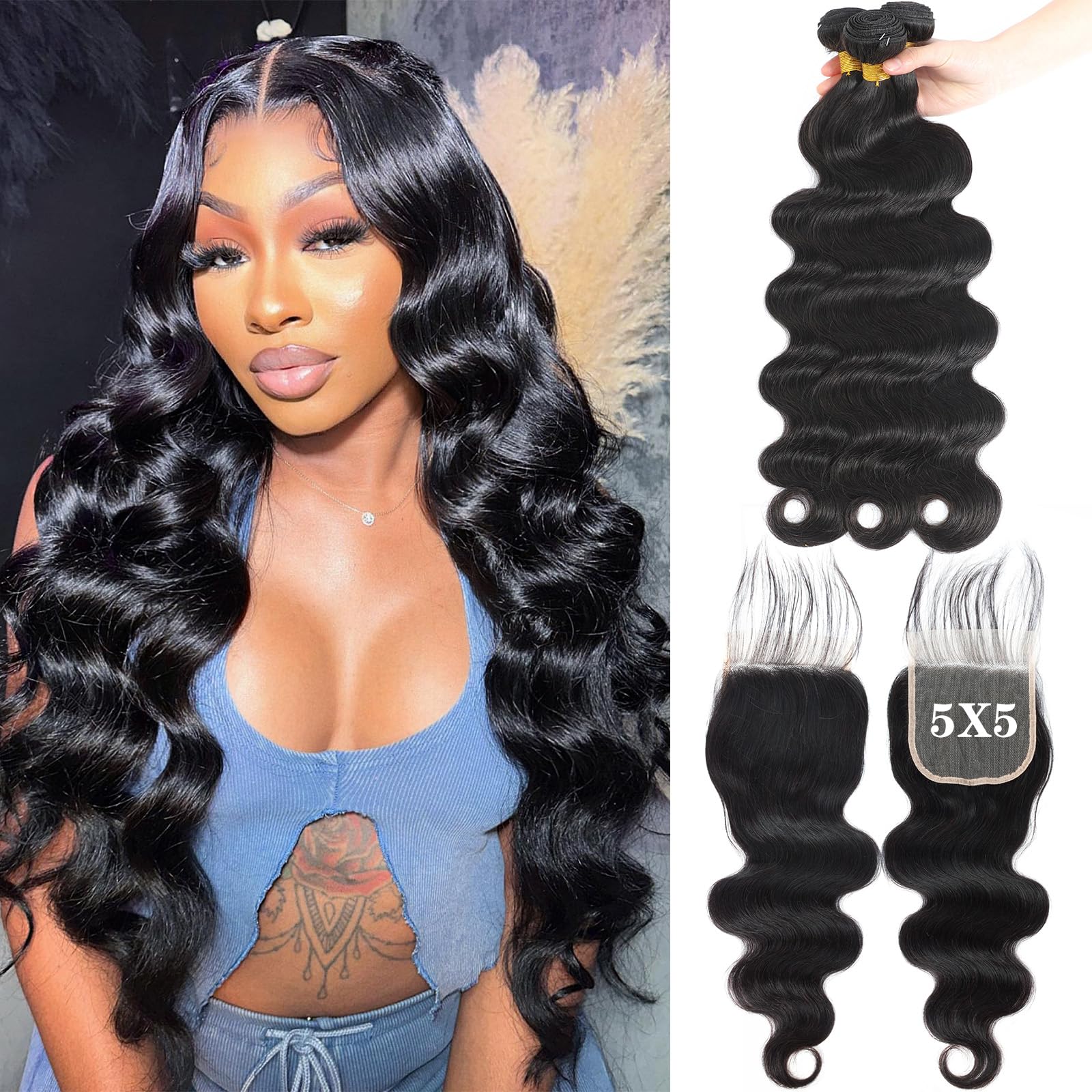 Kapelli Body Wave 3 Bundles with 5x5 HD Lace Closure Human Hair (22 24 26+20) 100% Unprocessed Brazilian Virgin Remy Hair 10A Body Wave Human Hair