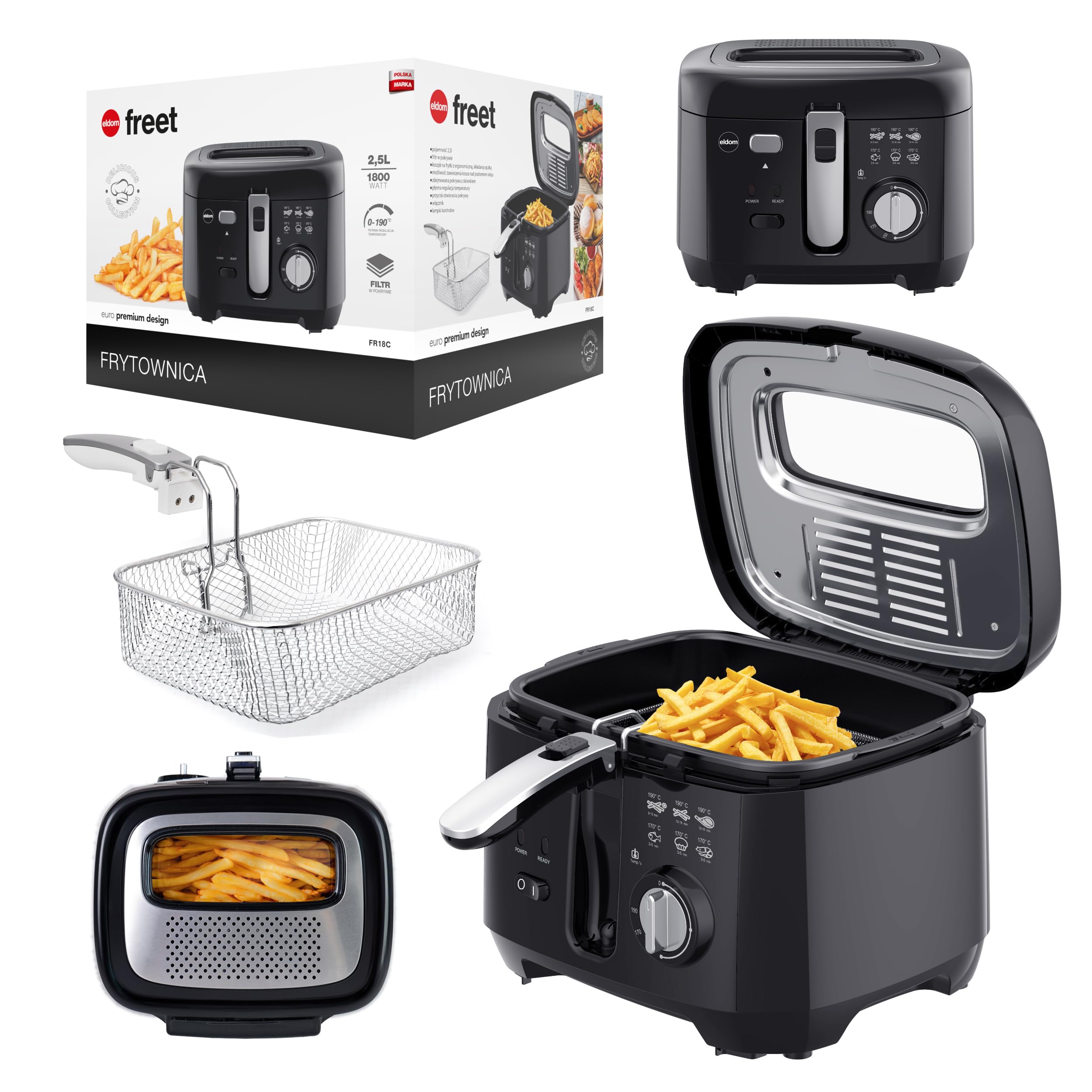 Fritteuse | Fritteuse mit Öl | Ölfriteuse 2,5l | Anti-Geruchs-Filter | regelbare Temperatur | leichte Reinigung | Abnehmbar Antihaft-Ölbehälter | Ölbehälter 2,5l | FR18C 1800 W | Schwarz