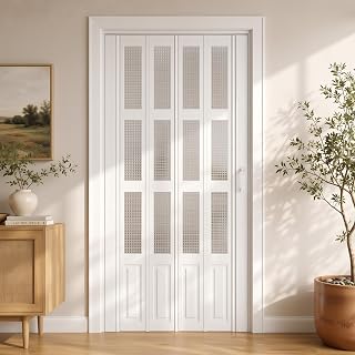 SMARTSTANDARD 36"x 80" Accordion Door with Grid Frosted Acrylic Glass,White