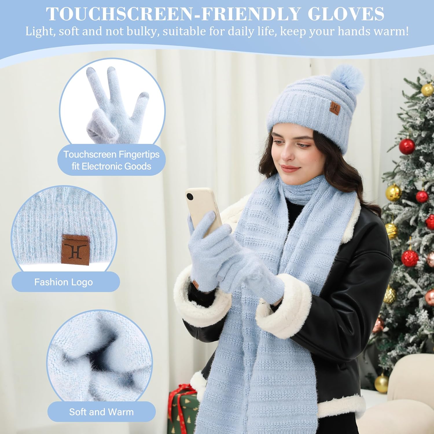 Womens Winter Hats Beanie Touchscreen Gloves Long Scarf Set Knit Warm Caps with Pom Fleece Gifts for Women