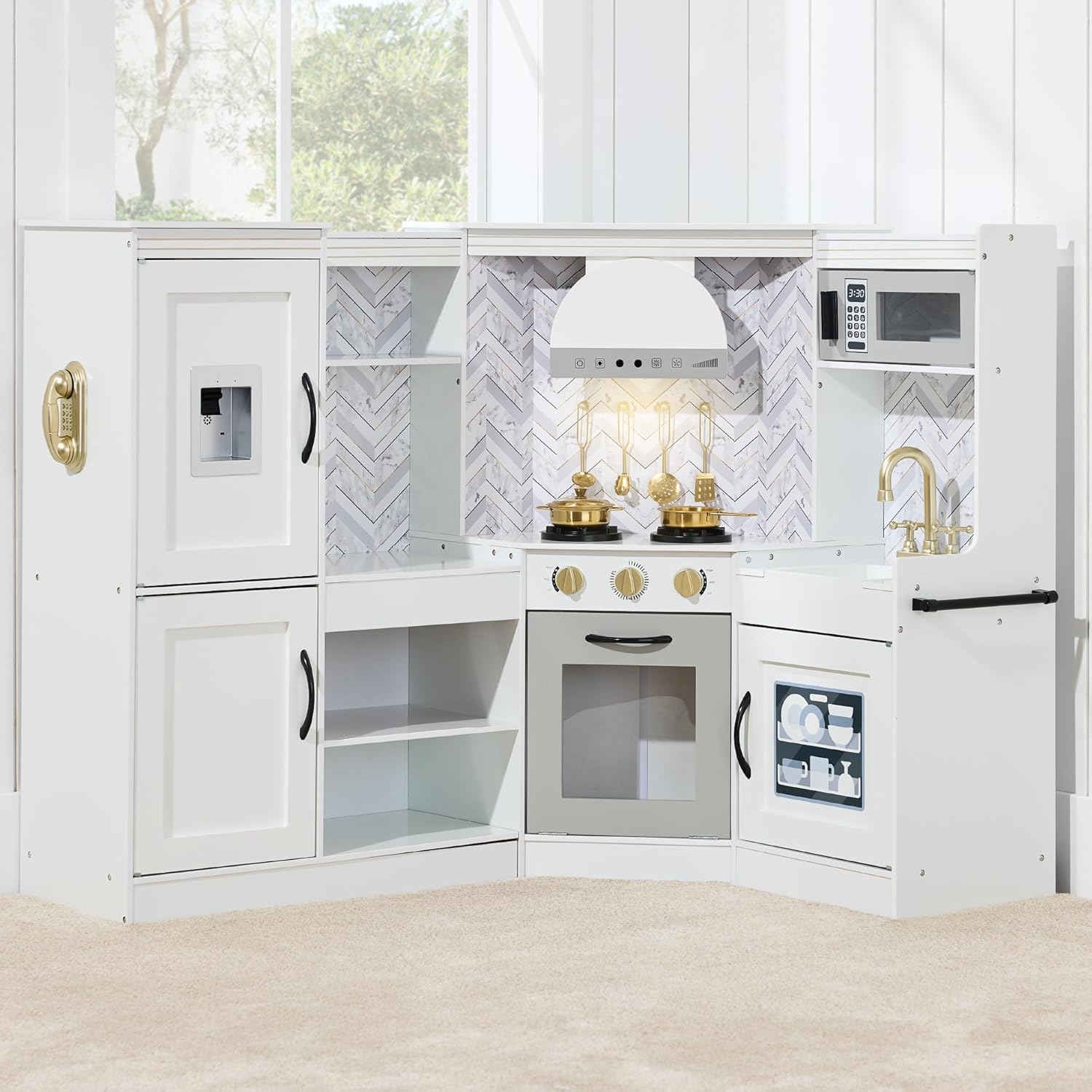 Best Choice Products Pretend Play Corner Kitchen, Ultimate Interactive Wooden Kids Playset w/Lights & Sounds, Ice Maker, Hood – White