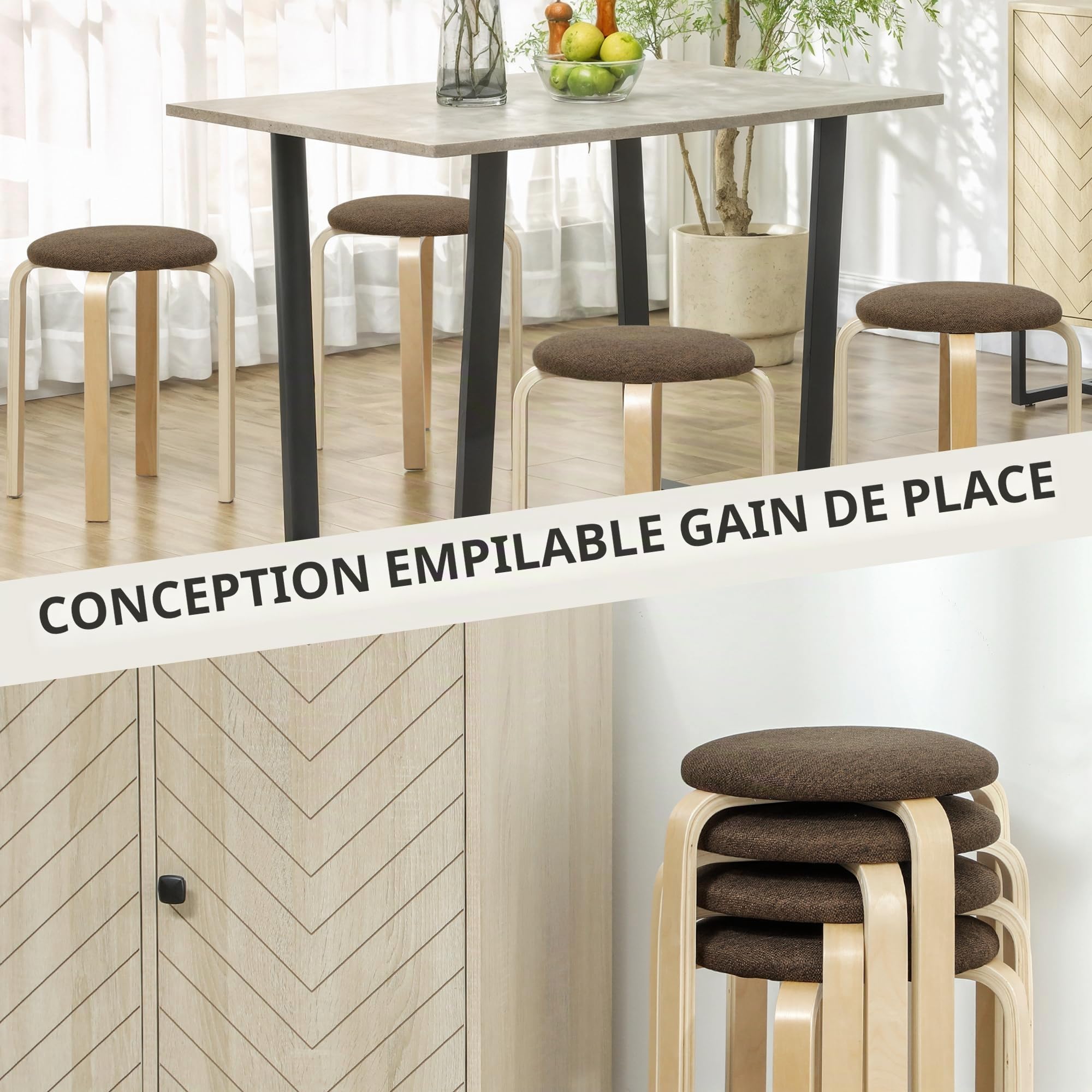 HOMCOM - Lot de 4 tabourets ronds empilables - Tabourets de cuisine bas avec assise rembourrée pour salle à manger, chambre à coucher, bureau, salon - Marron et naturel