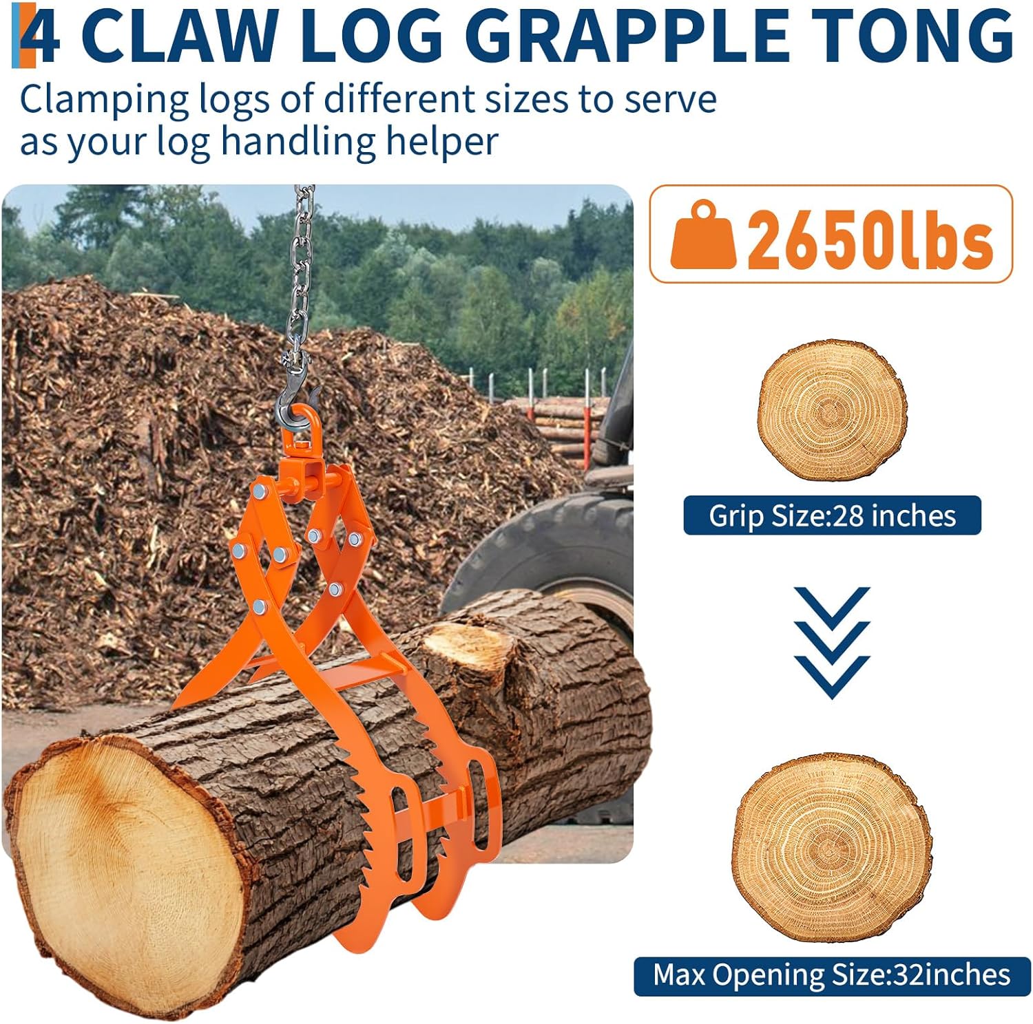 GarveeLife Log Lifting Tongs 28 in 4 Claw, Log Grapple Logging Tongs with 4 Serrated Claws, 2650 LBS Capacity Heavy Duty Claw Hook for Tractors, Trucks, Forklifts, ATV Logging, Lumber Handling