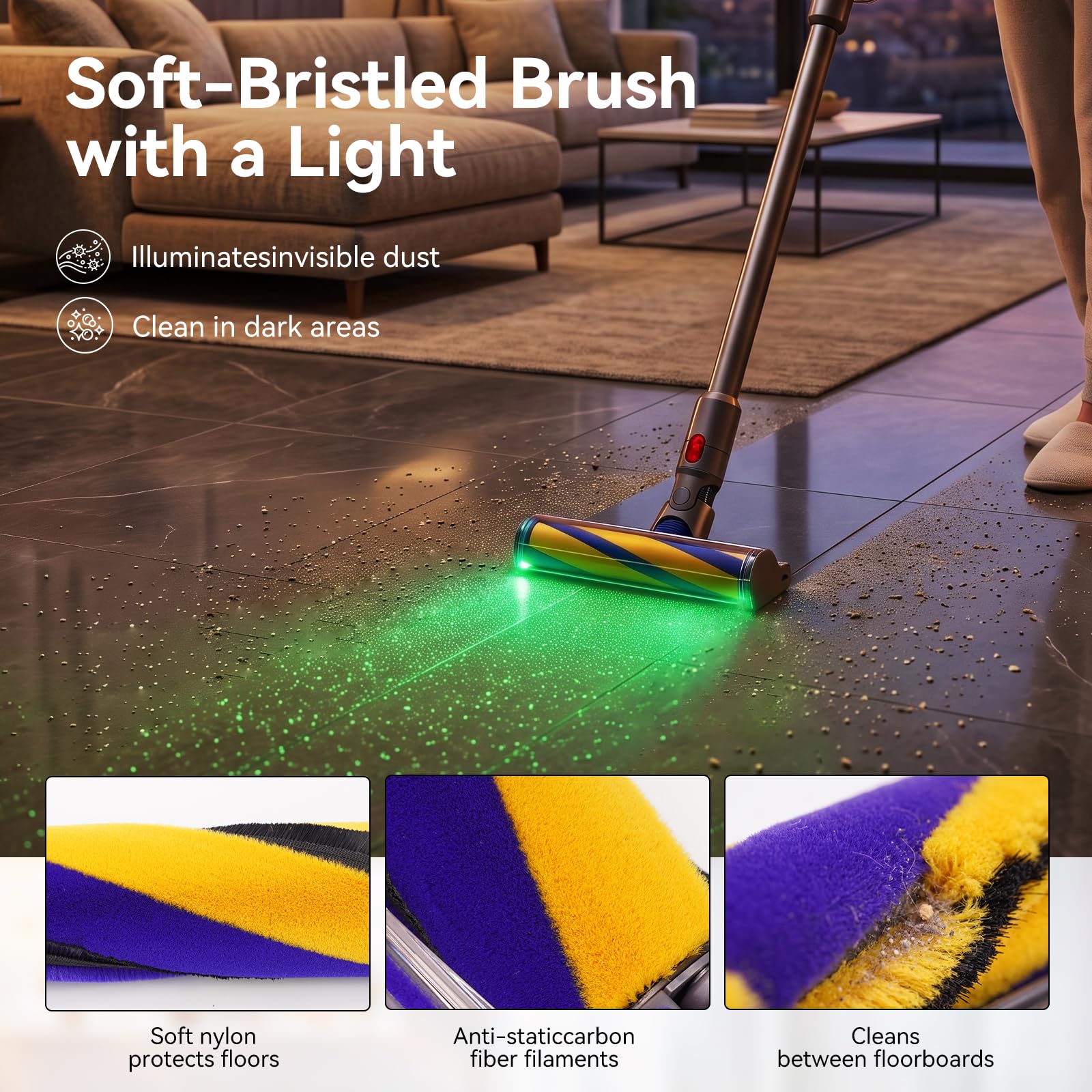 Spazzole per aspirapolvere Dyson V12 Detect Slim e Dyson V10 Digital Slim; queste spazzole dispongono di spazzole morbide e luce LED verde a copertura completa per parquet e moquette.