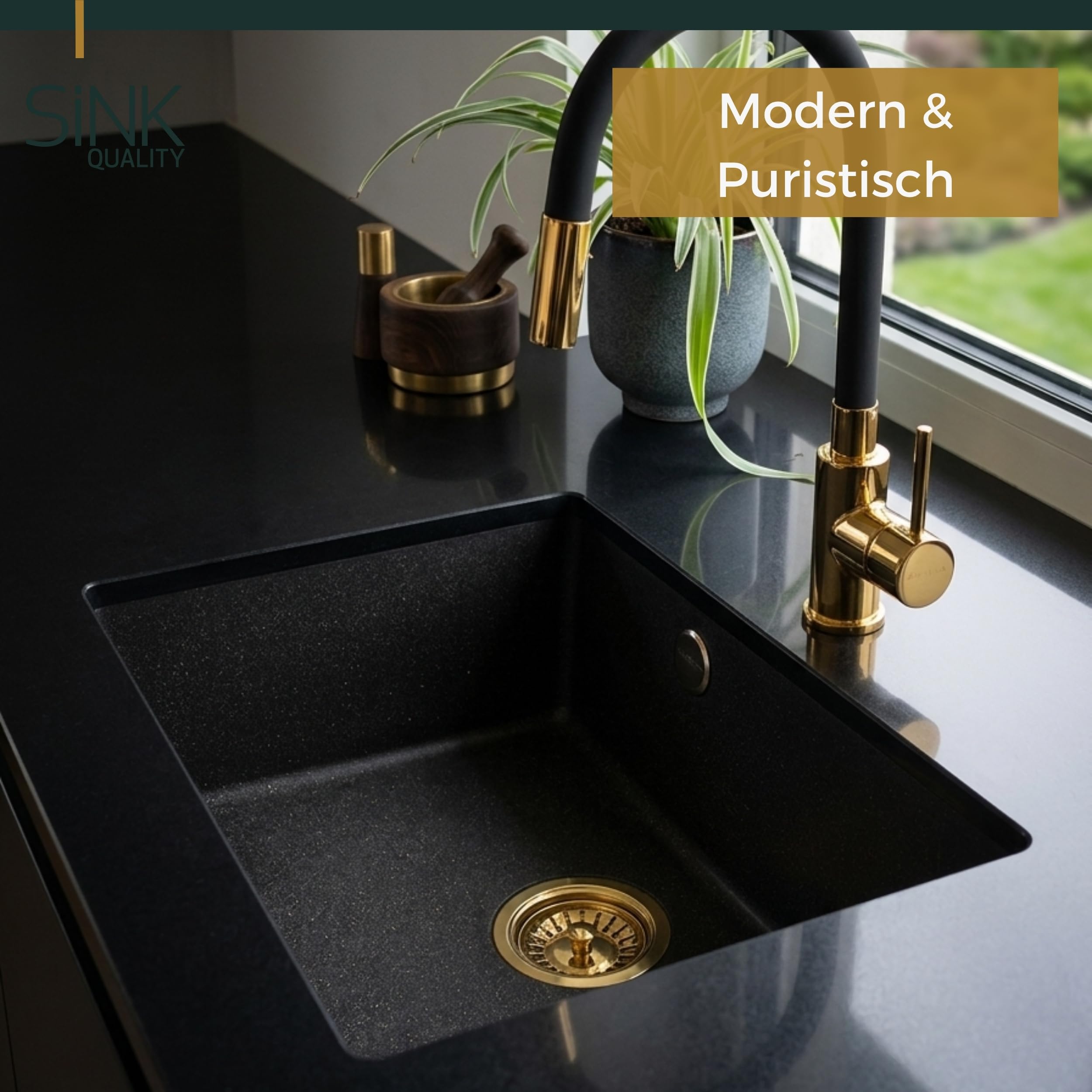 SINK QUALITY Unterbauspüle Beige 53x40 cm - Einbauspüle unterbündig inkl. Siphon & Imprägniermittel - Granit Küchenspüle für 60 cm Unterschrank - Kratzfestes Spülbecken