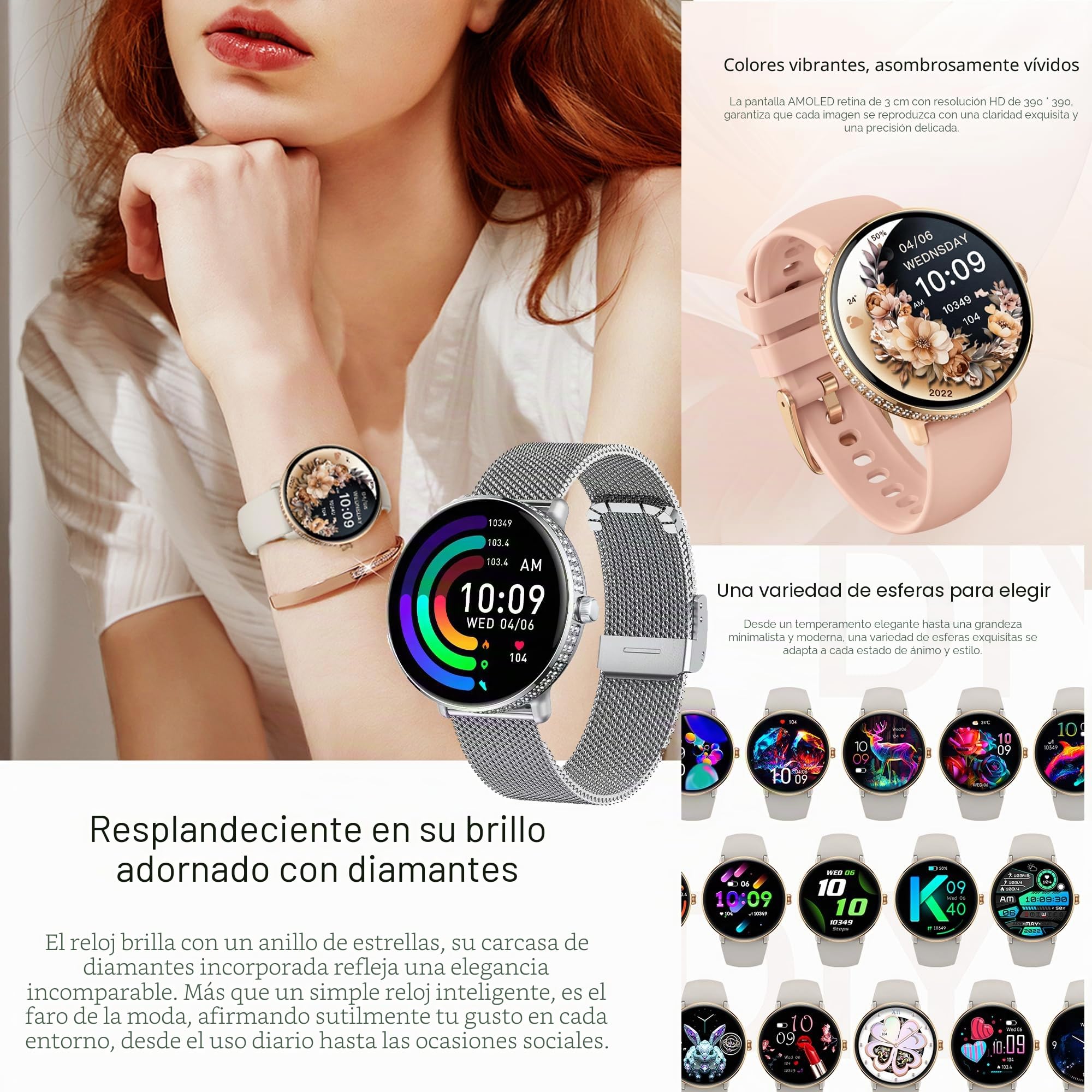 ZPIMY 1,19" AMOLED Reloj Inteligente Mujer con Llamada y Whatsapp, 5ATM Impermeable Reloj Smartwatch 123 Deportivo Hombre con Monitor Sueño, Pulsómetro Android iOS (Plateado)