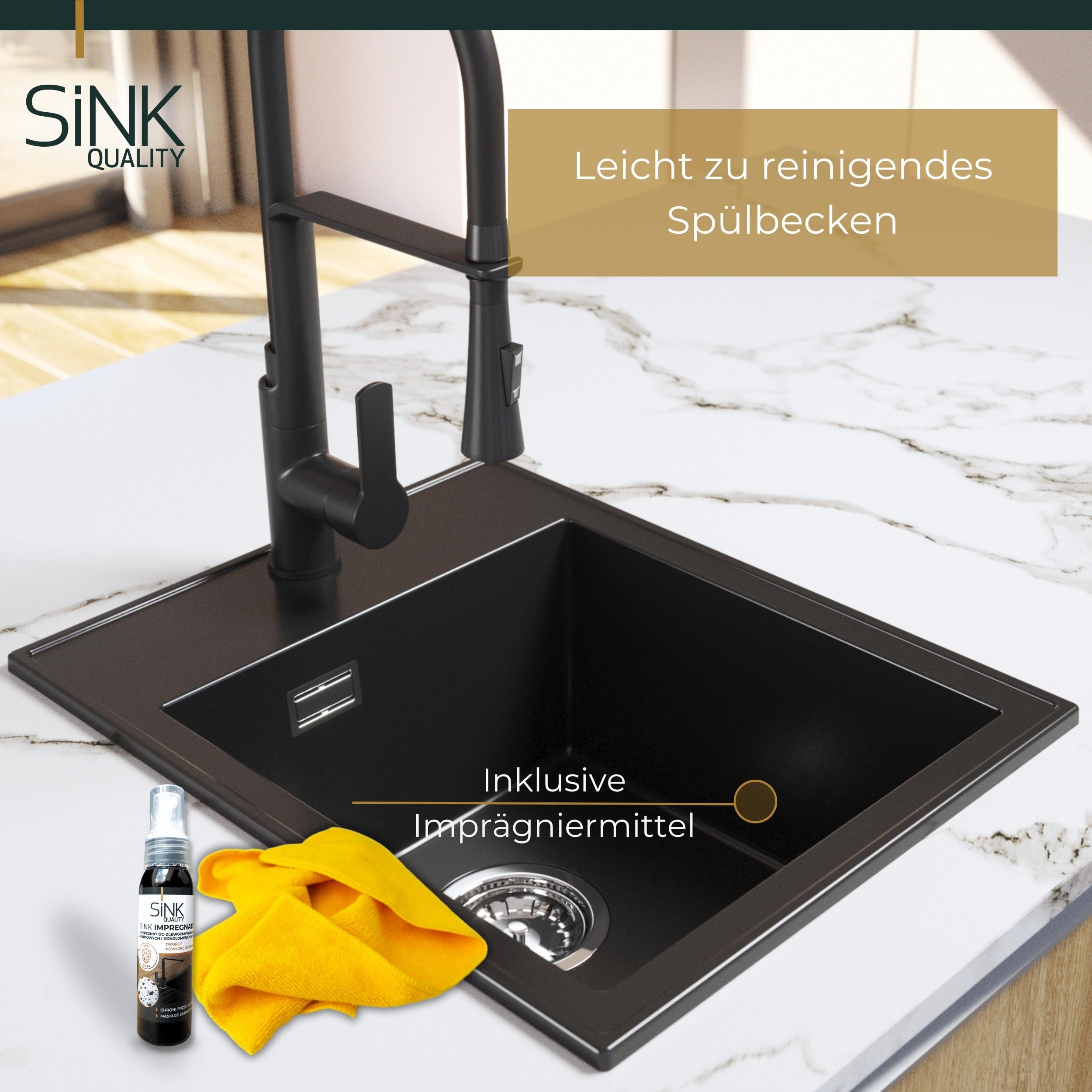 SINK QUALITY Zlewozmywak z granitu, czarny, nakrapiany, 40 x 50 cm, syfon i impregnacja, bez ociekacza, mały zlew kuchenny, do dolnych szafek od 40 cm szerokości