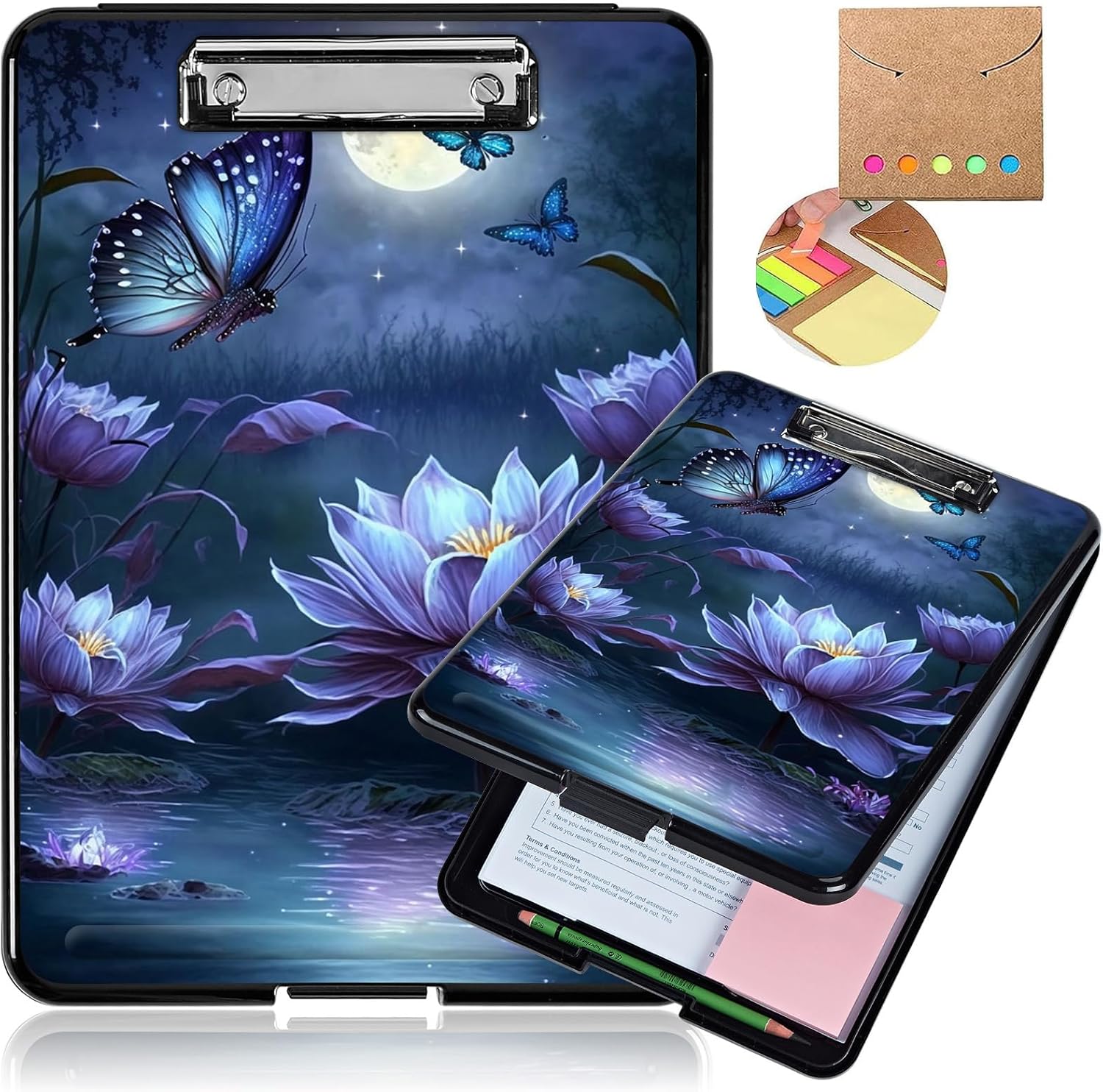 Clipboard with Storage,High Capacity Clipboards 9.4 x 13.4 with Clip,Plastic Clipboard for Women Teachers Work, School & Office Supplies-Purple Flower Butterfly