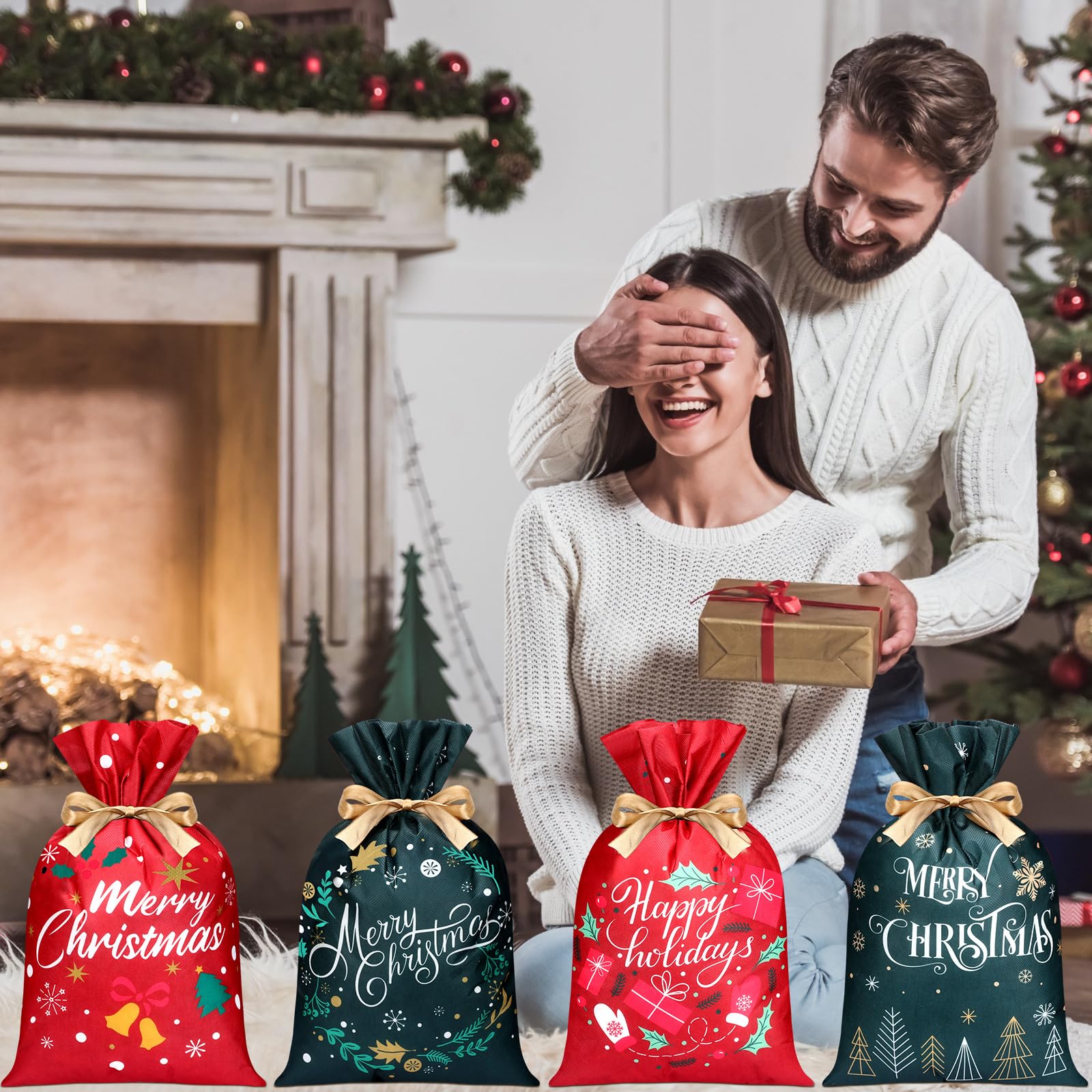 Wesnoy 20 bolsas de regalo de Navidad con cordón, bolsas de regalo de tela no tejida, bolsas de regalo de 12 x 18 pulgadas, bolsas reutilizables de regalo de Navidad con cordón para almacenamiento de