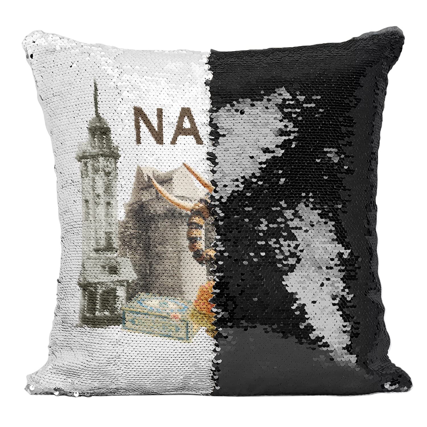 Housse coussin sequin noir Nantes ville France Ouest avec motif château et paillettes