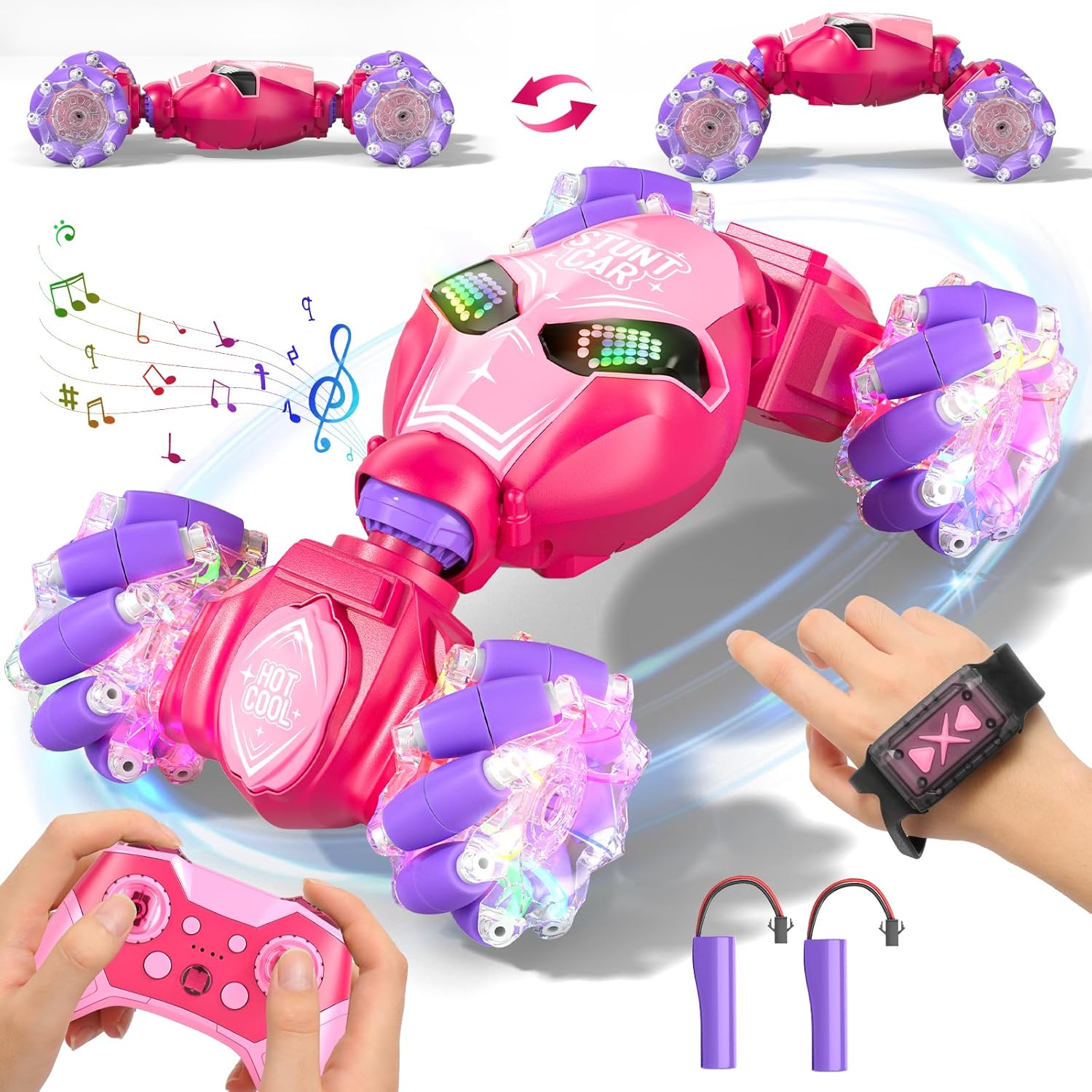 Gesture Sensing RC Stunt Car Toys for Girls Age 6-8-12, 4WD 2.4Ghz Hand Controlled Remote Control Twist Car Off Road 360°Rotation Drift with Light Music for Kids Girls Birthday Gifts Pink