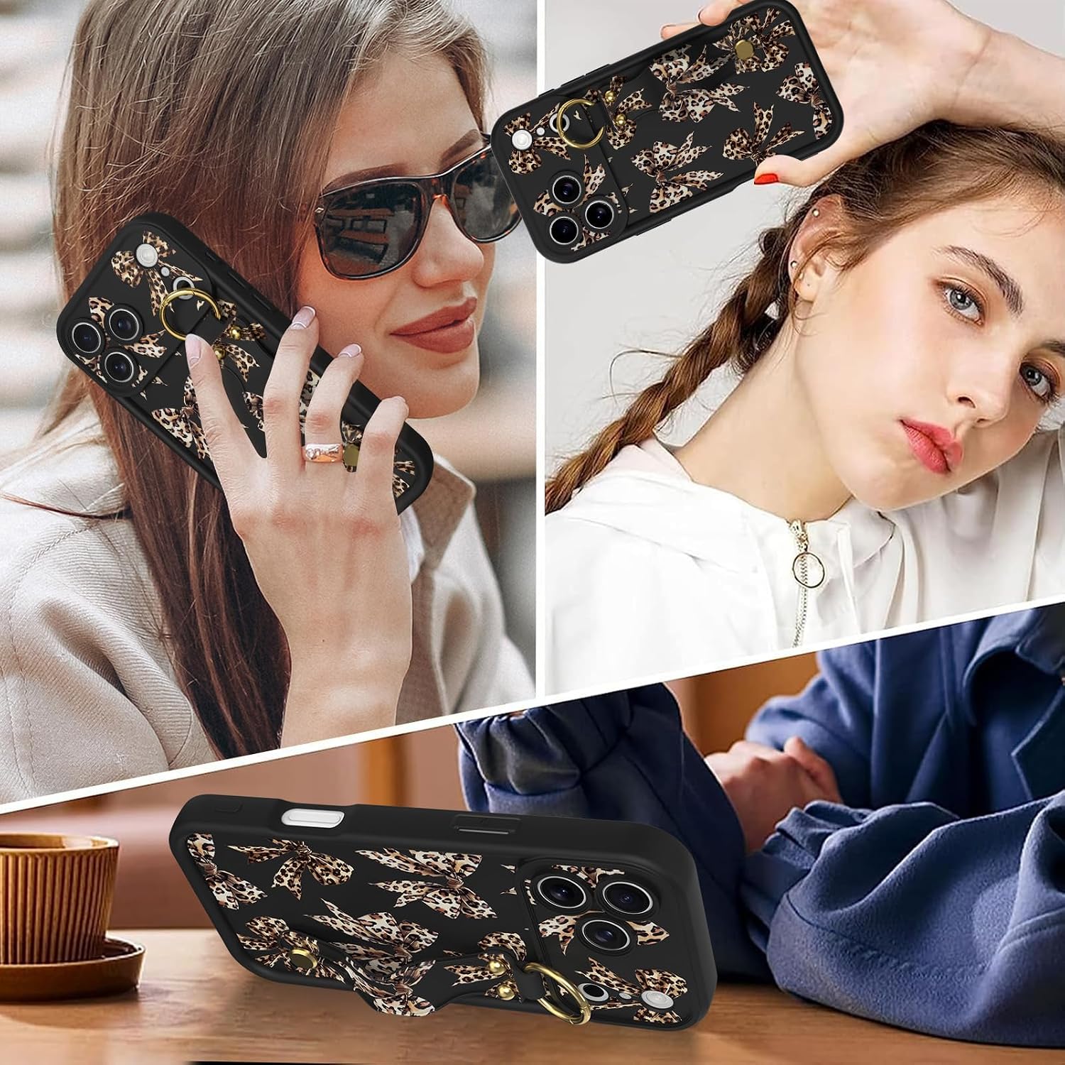 Cute for iPhone 17 Pro Max Case with Strap Stand, Black Leopard Bow image 2