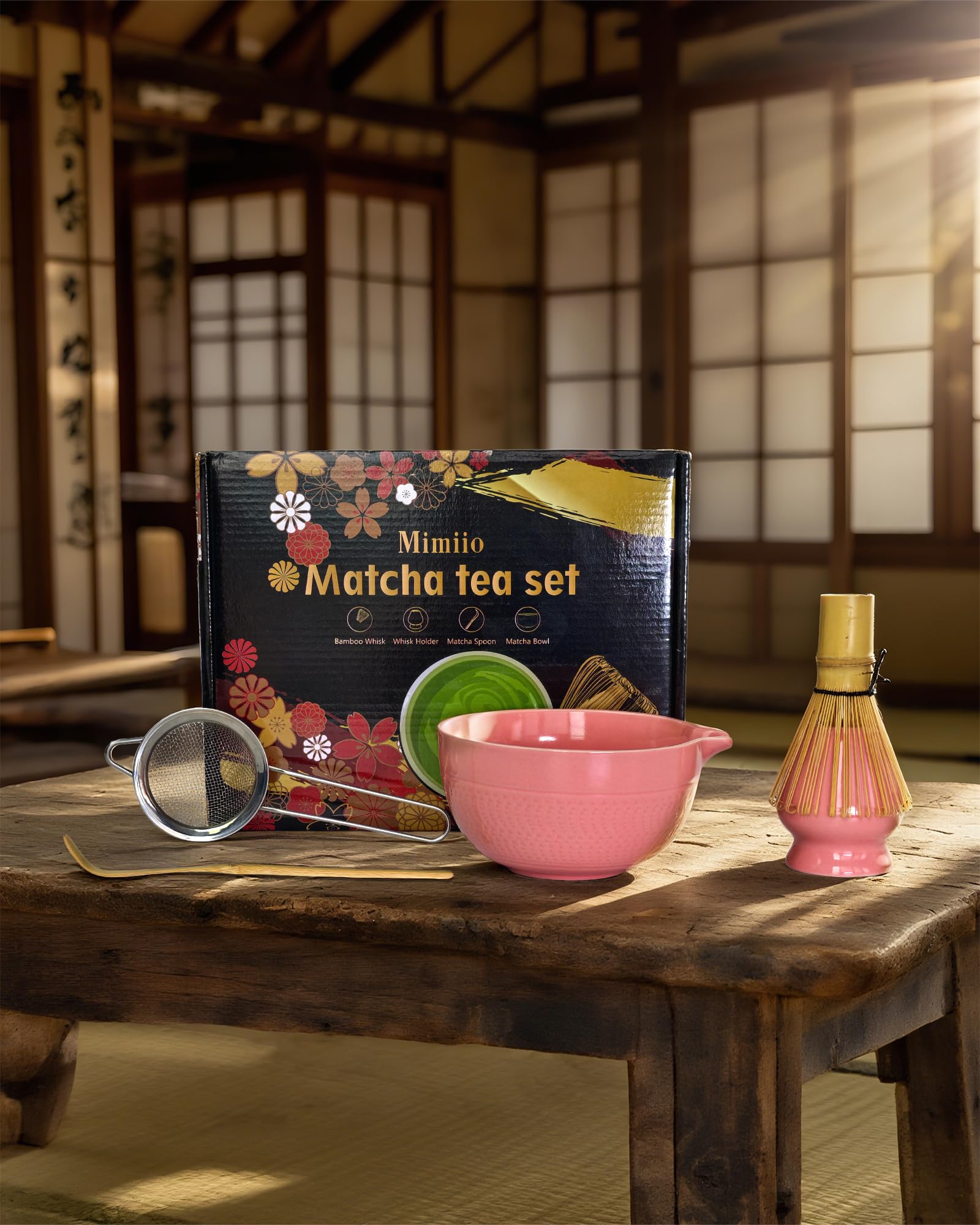 Rosa Matcha Kit con Frusta, 5 Pezzi Macha Tea Kit, Completo Matcha Whisk Set con pink matcha ciotola con beccuccio, frustino bambù(chasen), supporto, setaccio, cucchiaio, Giapponese Matcha Polvere Kit