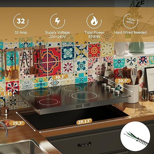 Miniatura 5 de Estufa eléctrica de 30 pulgadas, 4 quemadores, estufa de cerámica integrada de 6700 W, encimera eléctrica radiante de 30 pulgadas con temporizador,