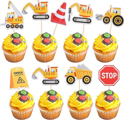 Rsstarxi Paquete de 40 adornos de construcción para cupcakes, letrero de parada, camión volquete, excavadora, tractor, cupcake palillos de dientes,