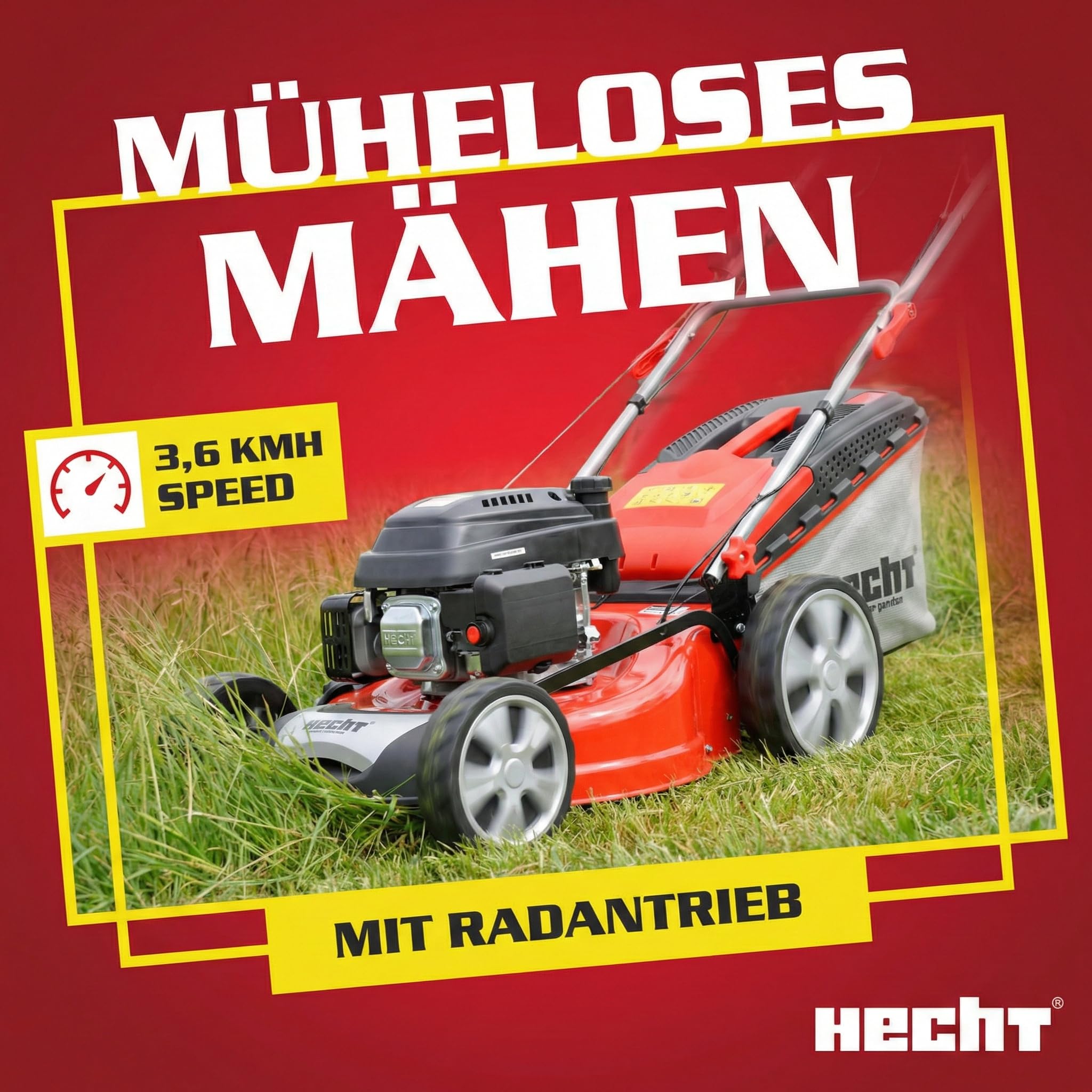HECHT Benzin Rasenmäher 51 cm mit Antrieb 5,2 PS | 5-in-1 Mulchfunktion, Seitenauswurf, 70L Fangkorb, Benziner für Gärten bis 1500 m²