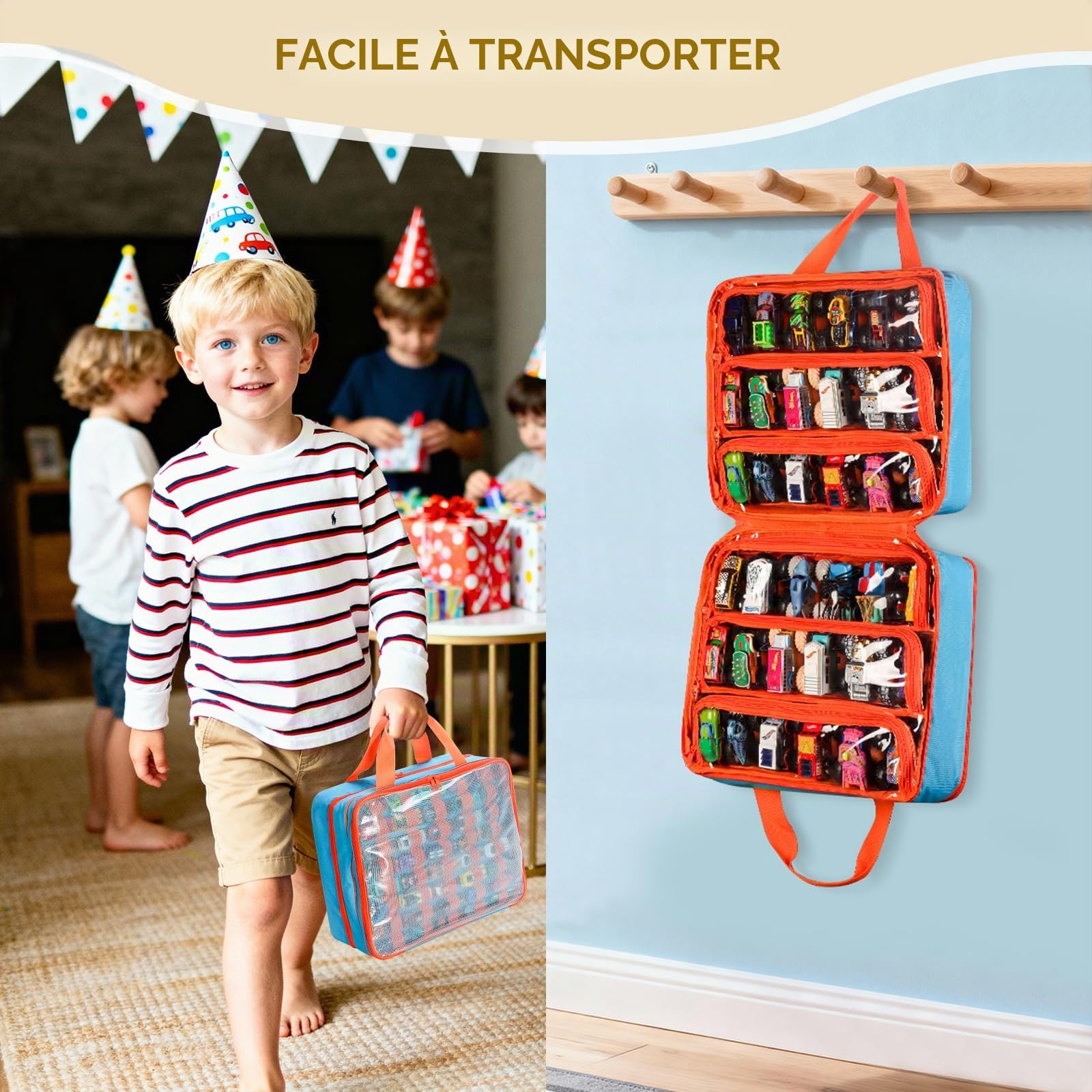 Sac de Rangement pour Voitures Jouet, Valise de Transport pour Voitures Jouet Compatible avec Monster Jam Trucks, pour Voitures Hot Wheels, pour Voitures Allumettes, Mini Jouet, Bleu (Sac