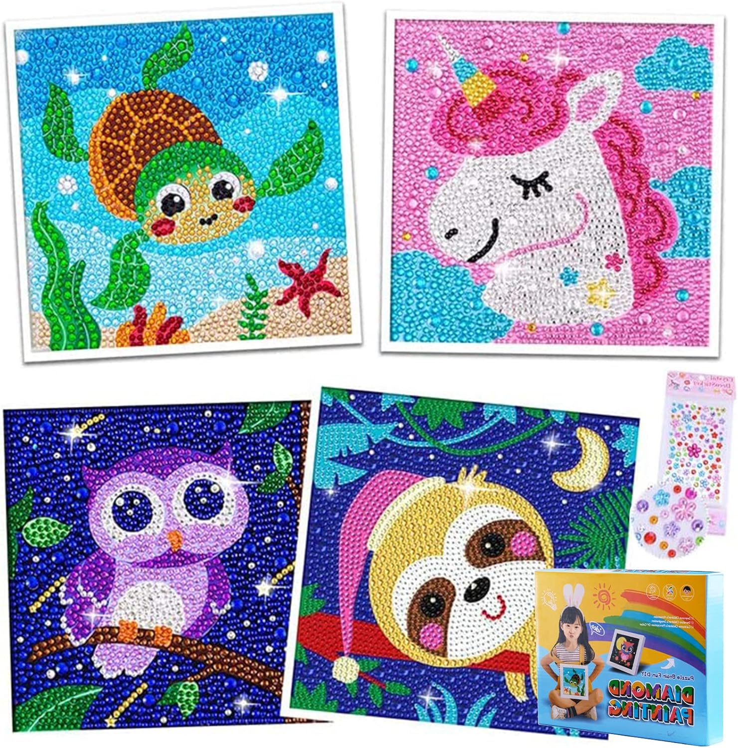 4er Diamond Painting Kinder Tiere DIY 5D Diamant Malerei Bilder Set
