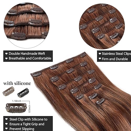 Miniatura 2 de Extensiones de cabello humano con pinzas, 14 pulgadas, 7 unidades, 2.47 onzas, color café tostado oscuro y marrón caraamel, 100% real, hechas a