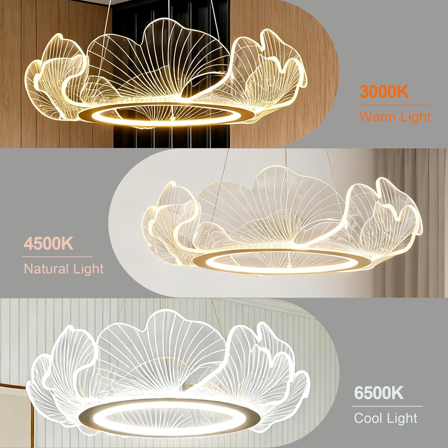 19" Modern LED Gold Chandelier, 3-Color Change Modern Lotus Leaf Shaped LED Chandelier, Adjustable Creative Acrylic Petal Pendant Light Fixture for Living Room Dining Room