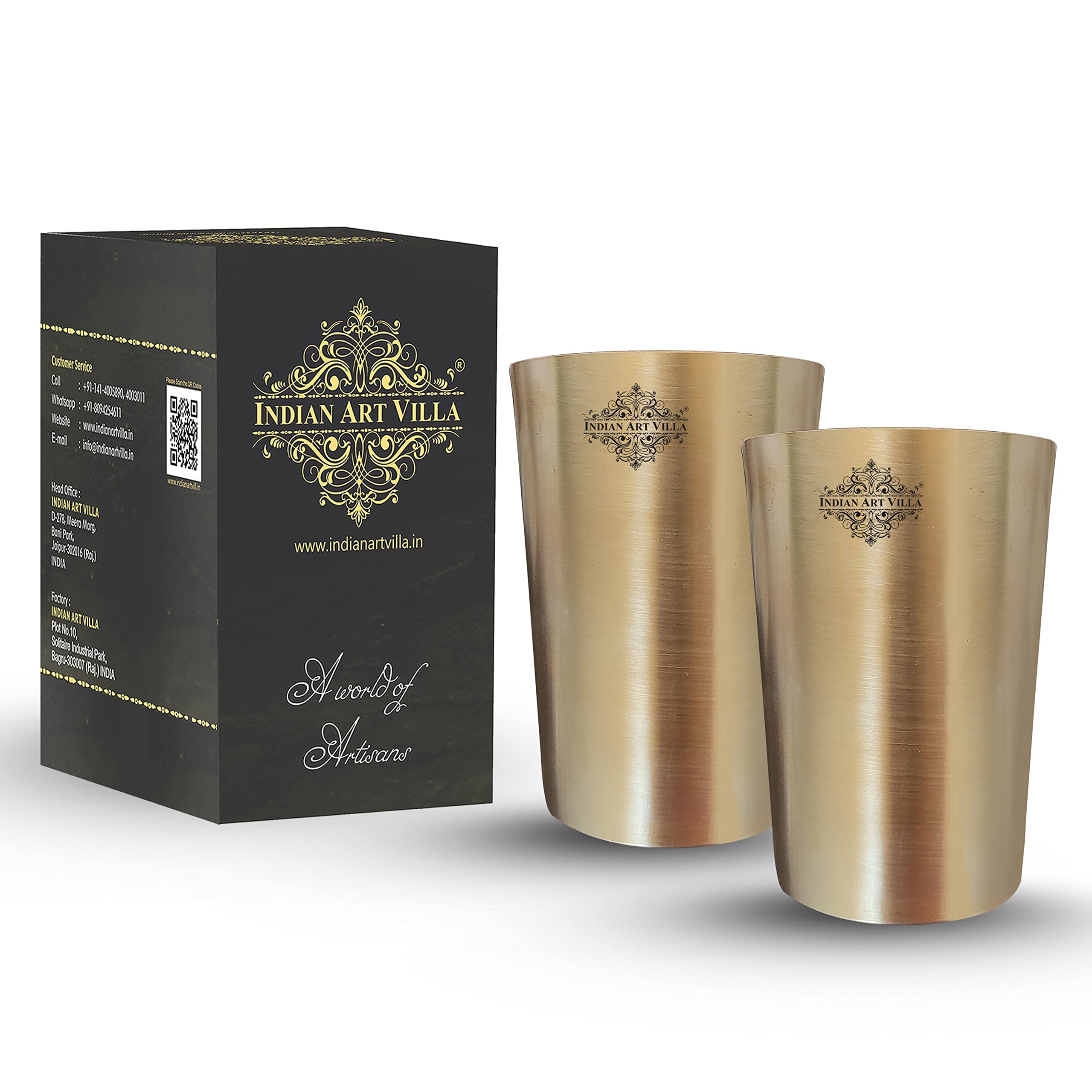 Indian Art Villa Pure Brass Matt Finish Plain Glass Tumbler Serveware Drinkware Ayurveda Healing Volume-10 Oz Set of