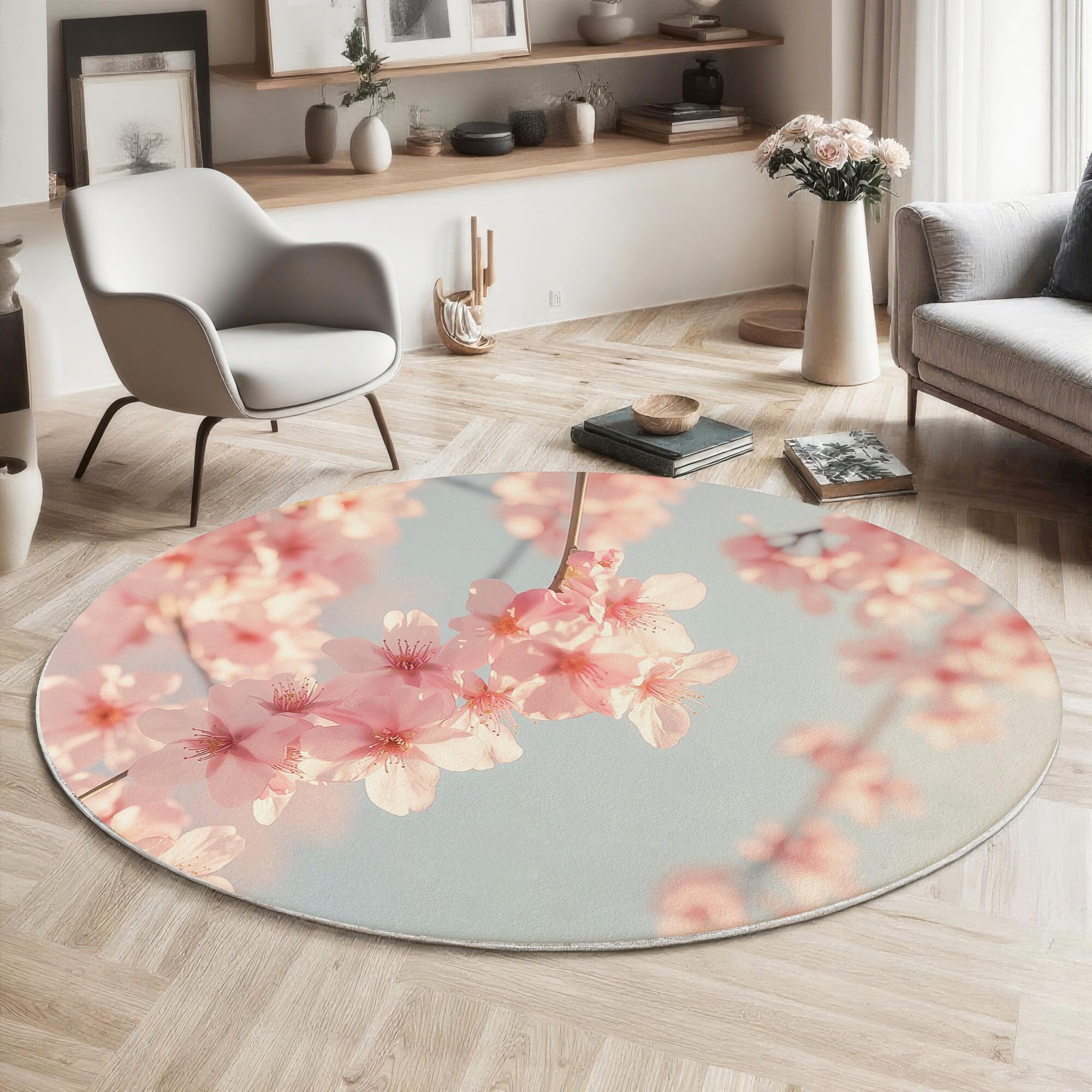 Tapis rond salon rose clair moelleux lavable ø 140cm sur thème fleurs de cerisier