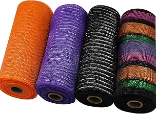 XIYAO Halloween Polyester Mesh Ribbon Deco Metallic Fall Mesh Metallic Foil Black Purple Orange Green Mesh Rolls for DIY Halloween Project Wreaths Party Decorations Wrapping Craft, 4 Rolls