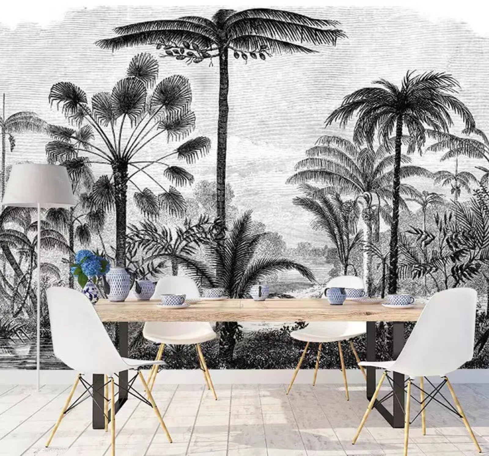 Hand Drawn Black and White Tropical Palm Tree Forest 3D Wallpaper Easy Install Feature Office Living Room Sofa Bedroom TV Background Wall Decoration-150cm×105cm