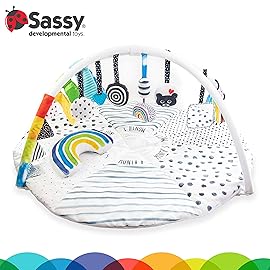 Sassy Stages STEM Developmental Play Gym, Sensory Tummy Time Activity Play Mat w/Built-in Instructions, Ultra Plush & Machine Washable Playmat for Babies & Toddlers, 0+ Months