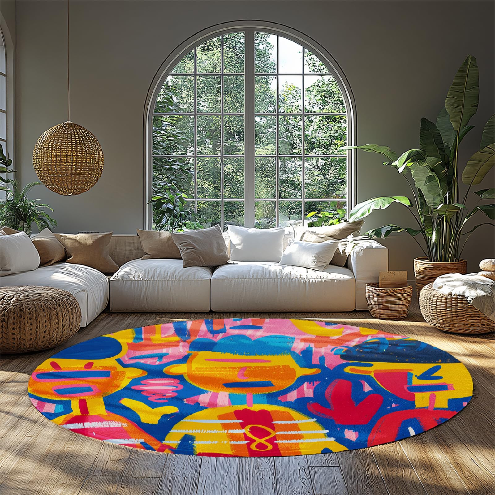 Tapis rond graffiti abstrait coloré 80cm lavable et antidérapant pour chambre