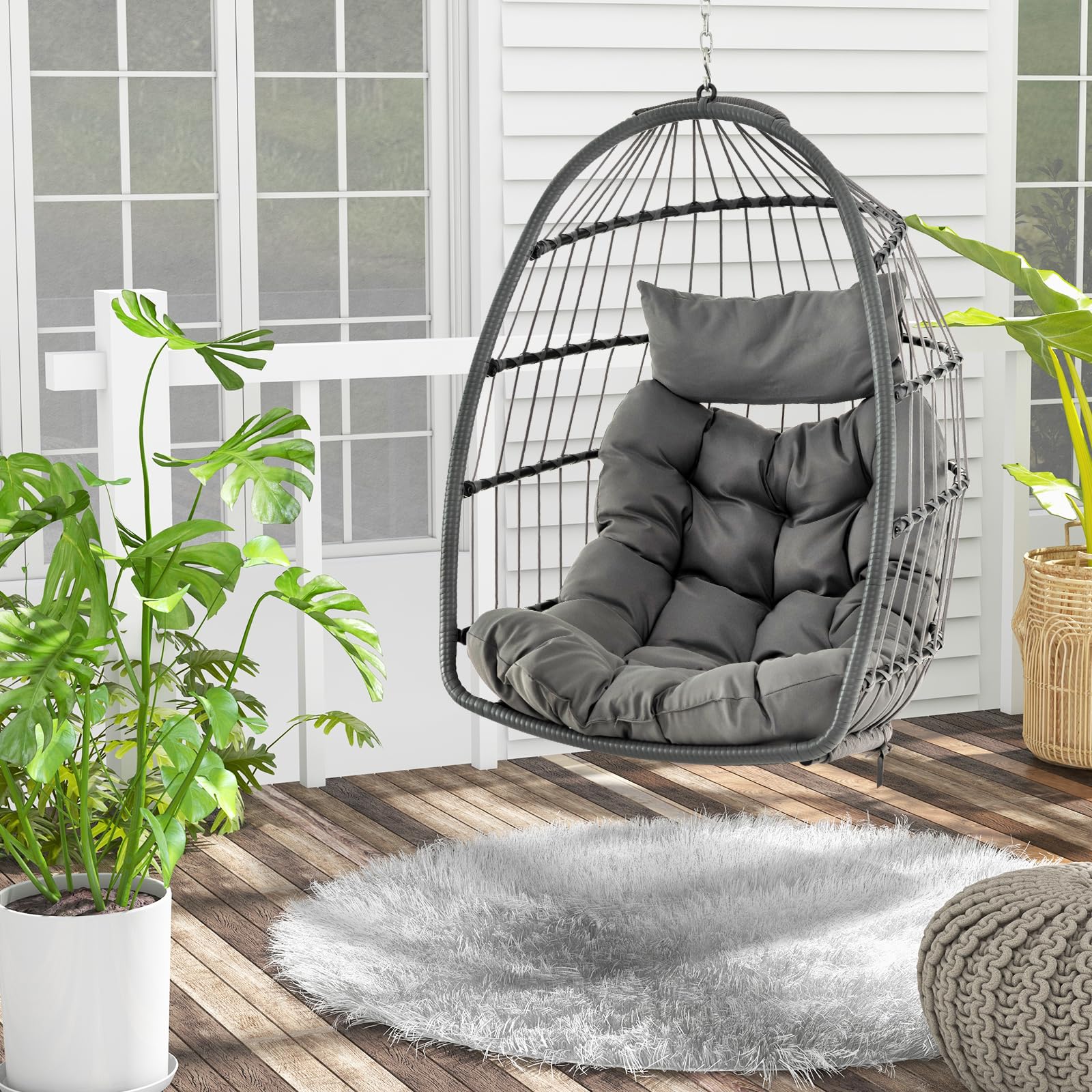 DREAMADE Hängesessel mit Sitzkissen & Kopfstützkissen, klappbarer Hängekorb Hängestuhl Hängesitz Hängeschaukel für Indoor, Outdoor Schaukel Hängestuhl für Kinder und Erwachsene Grau