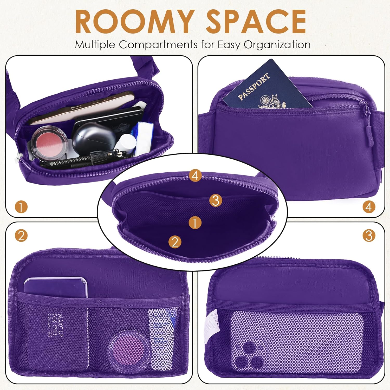 1L Everywhere Belt Bag for Women Teen Girls Boys, Small Fanny Pack with Adjustable Belt 53", Waist Bag with Multiple Pockets, Crossbody Bag for Travel Gym Running Hiking Cycling, Purple - Image 6