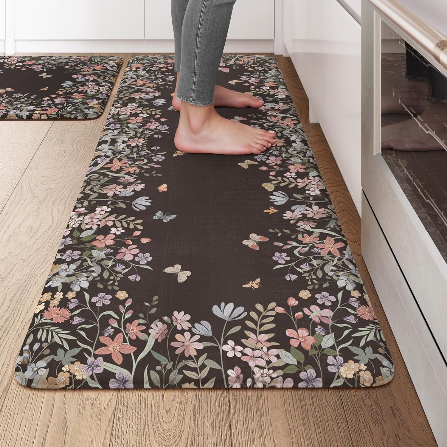 KIMODE Kitchen Anti Fatigue Mats, Farmhouse Kitchen Rugs Sets of 2, Memory Foam Kitchen Mats for Floor, Waterproof Non Skid Standing Mats for Sink Laundry Office Desk Black 20"x47"+20"x32"