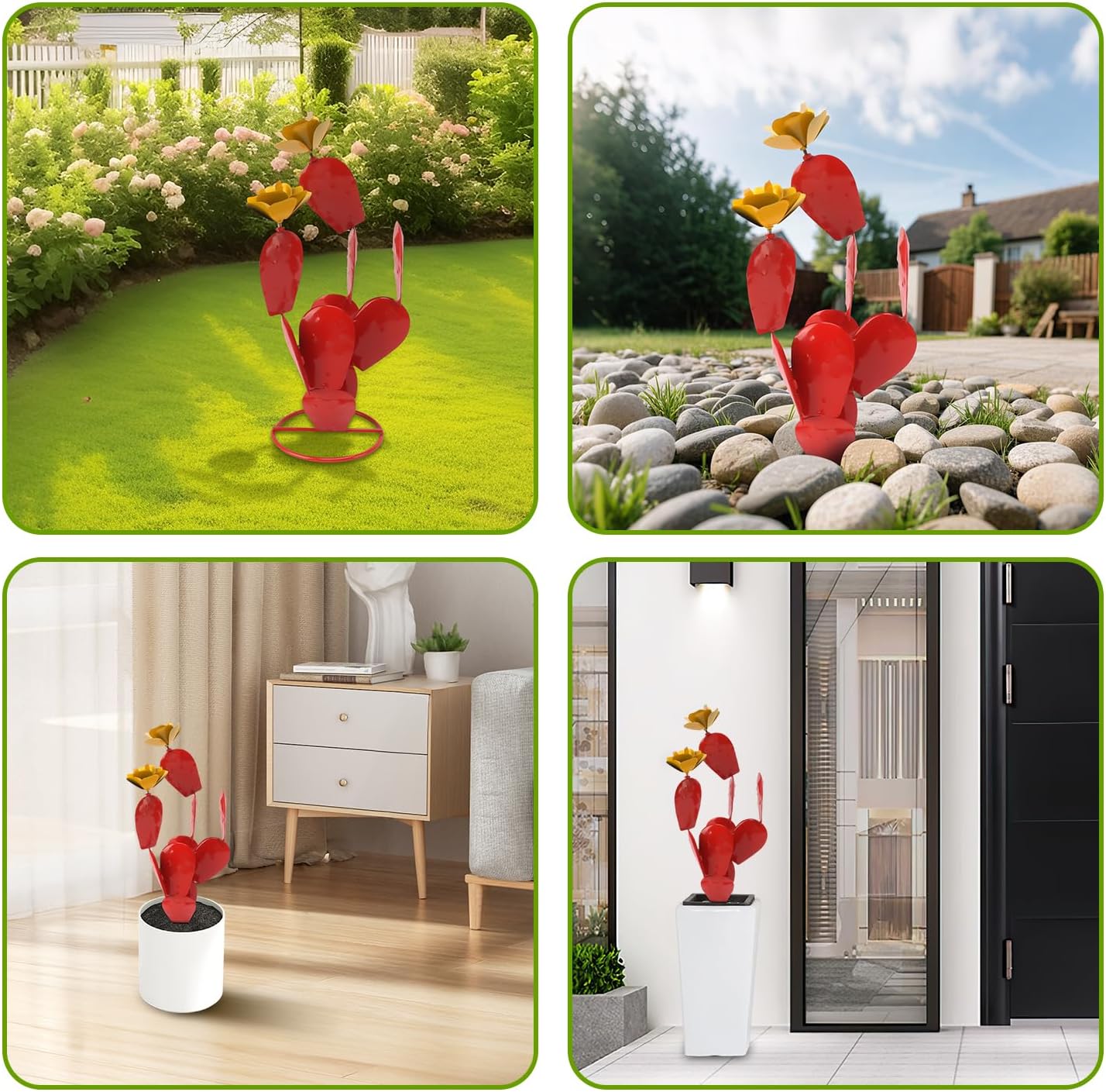 Topyond Metal Cactus Yard Art, Prickly Pear Cactus with Flowers, Outdoor Rustic Iron Sculpture, Vibrant Red Accent, Outdoor Decor for Garden, Lawn, Patio