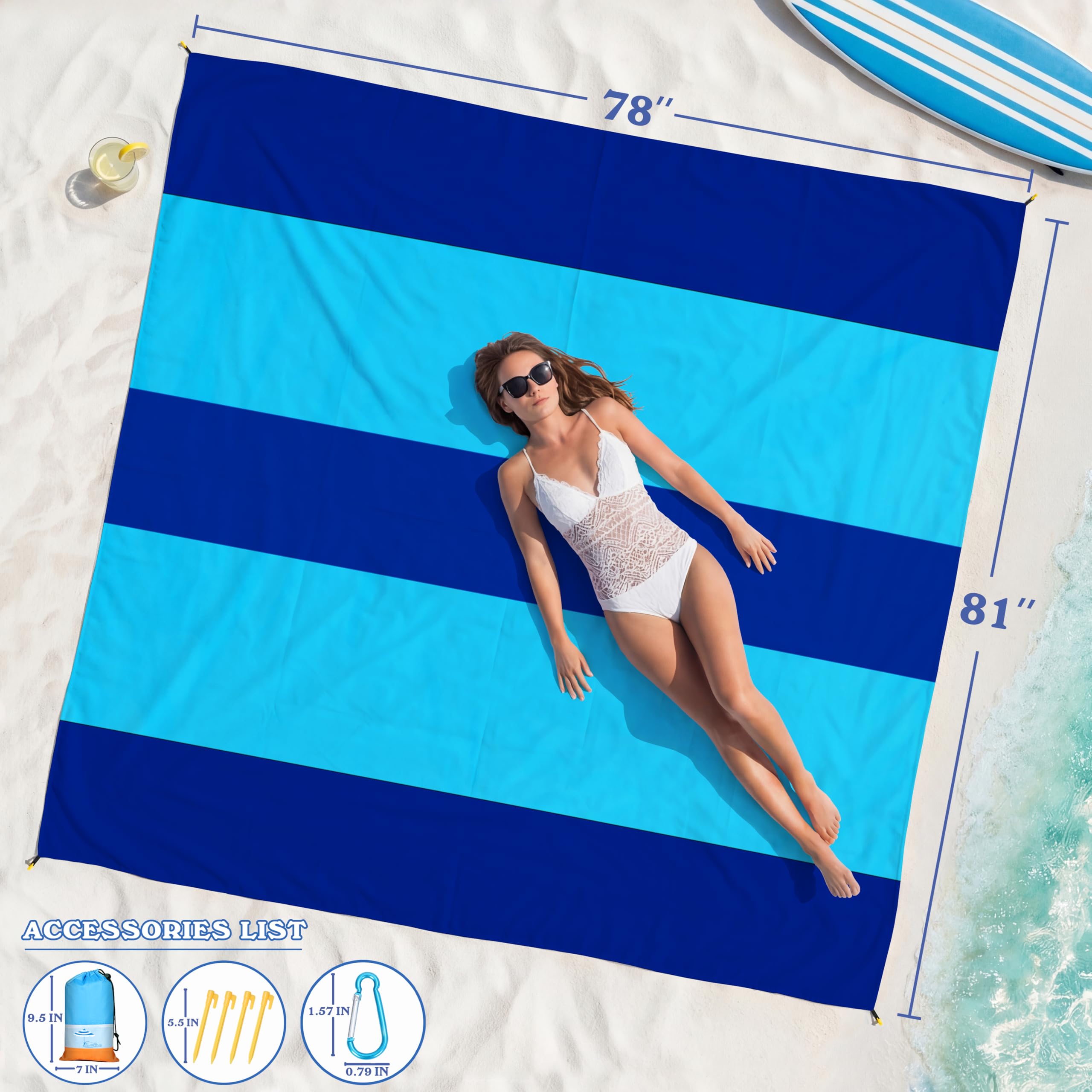 Famstar Koc plażowy oversize bardzo duży 198 x 205 cm, wodoodporny, odporny na piasek koc plażowy dla 1-7 dorosłych, lekki, trwały, na podróż, kemping, wędrówki, piknik