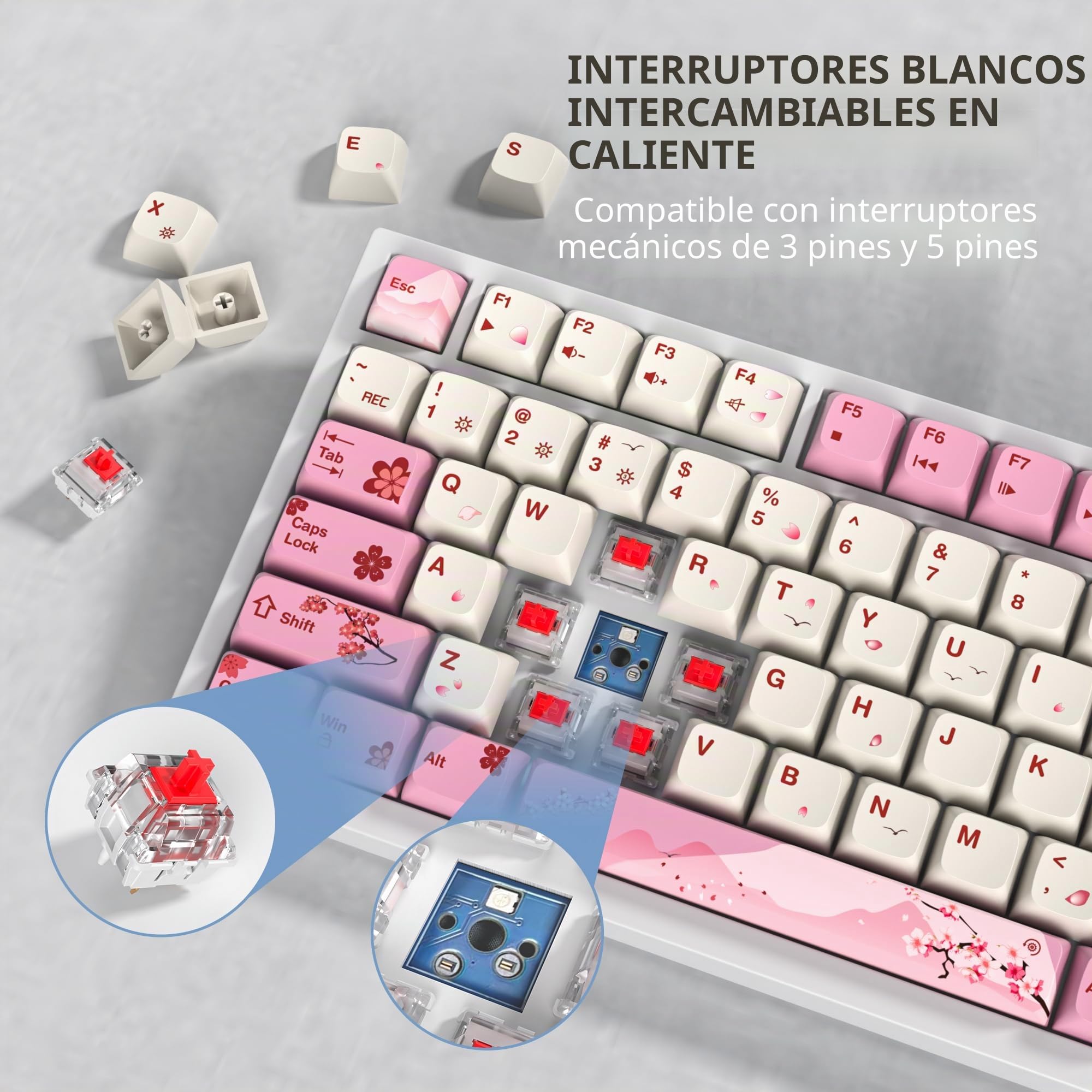 SOLIDEE Teclado Intercambiable en Caliente 75%,Retroiluminación RGB,Gasket Teclado para Juegos de 82 Teclas TKL,Teclado Compacto NKRO con Control de Perilla de Aluminio(82 Flower)