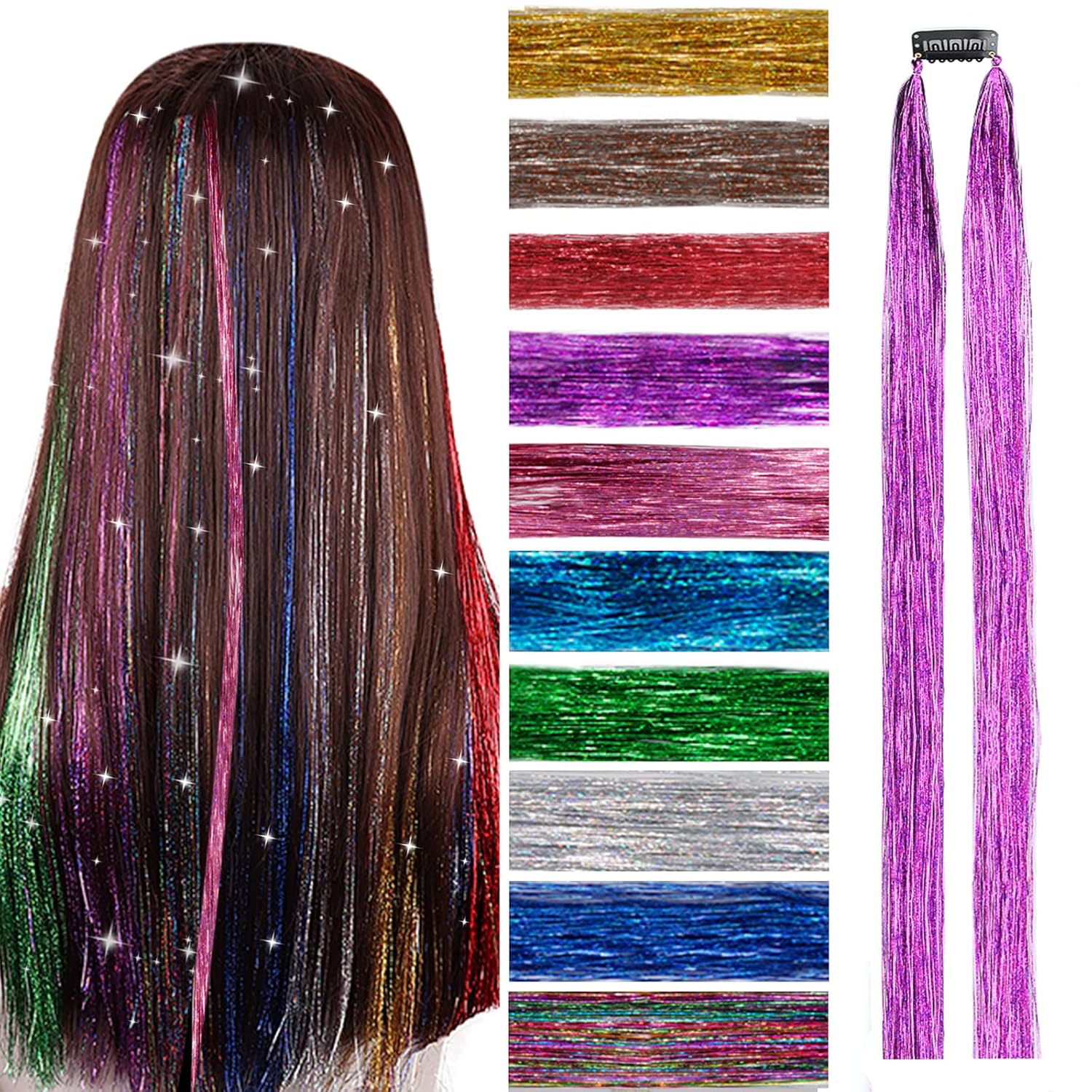 Amazon.com : Hair Tinsel Kit Sparkly Glitter Hair Extensions 23Inch 10 ...