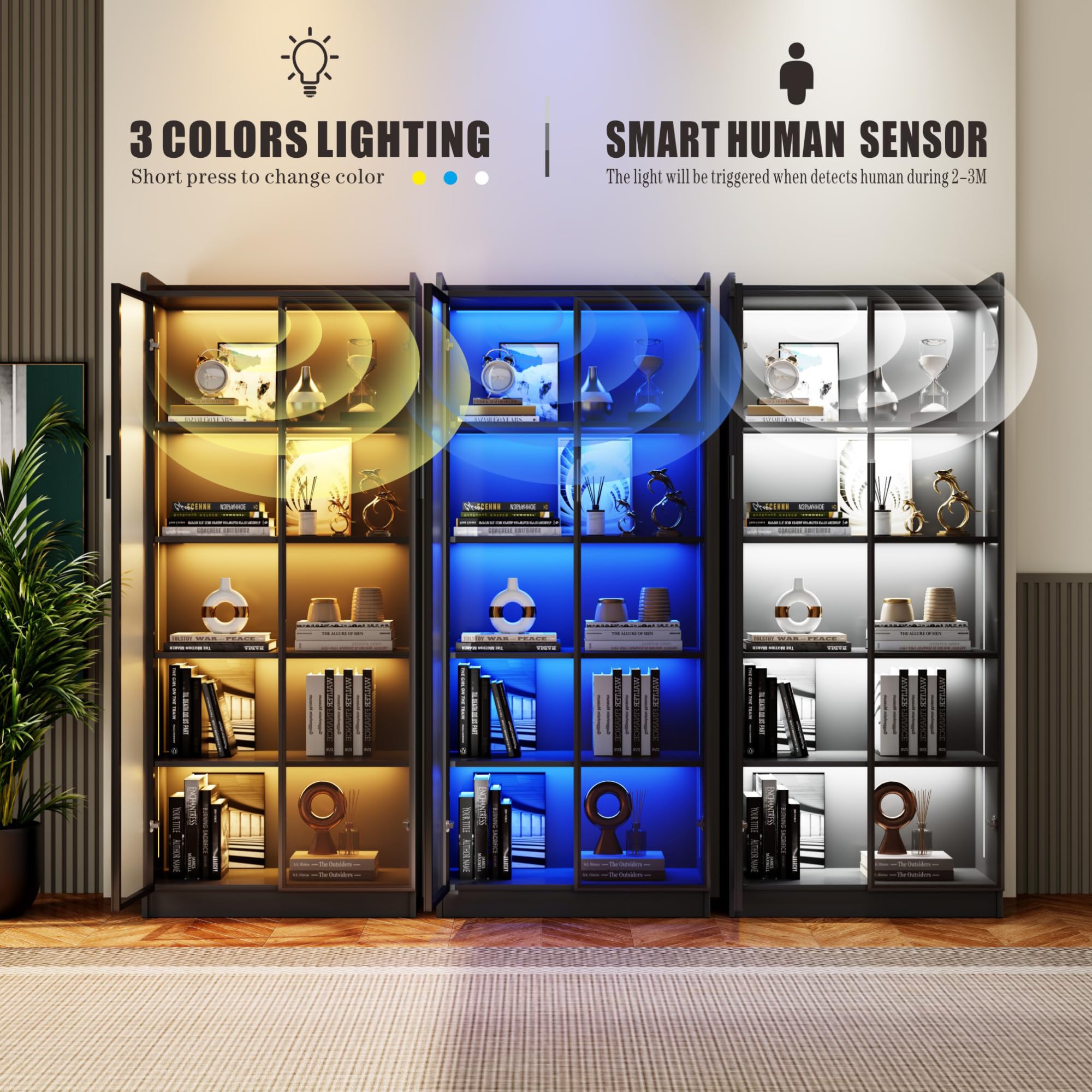 FREDEES Vetrina con illuminazione LED - Vetrina da collezione a 5 livelli con sensore intelligente - Vetrina a piantana in acrilico con ripiani regolabili - Per soggiorno, ufficio - Nero