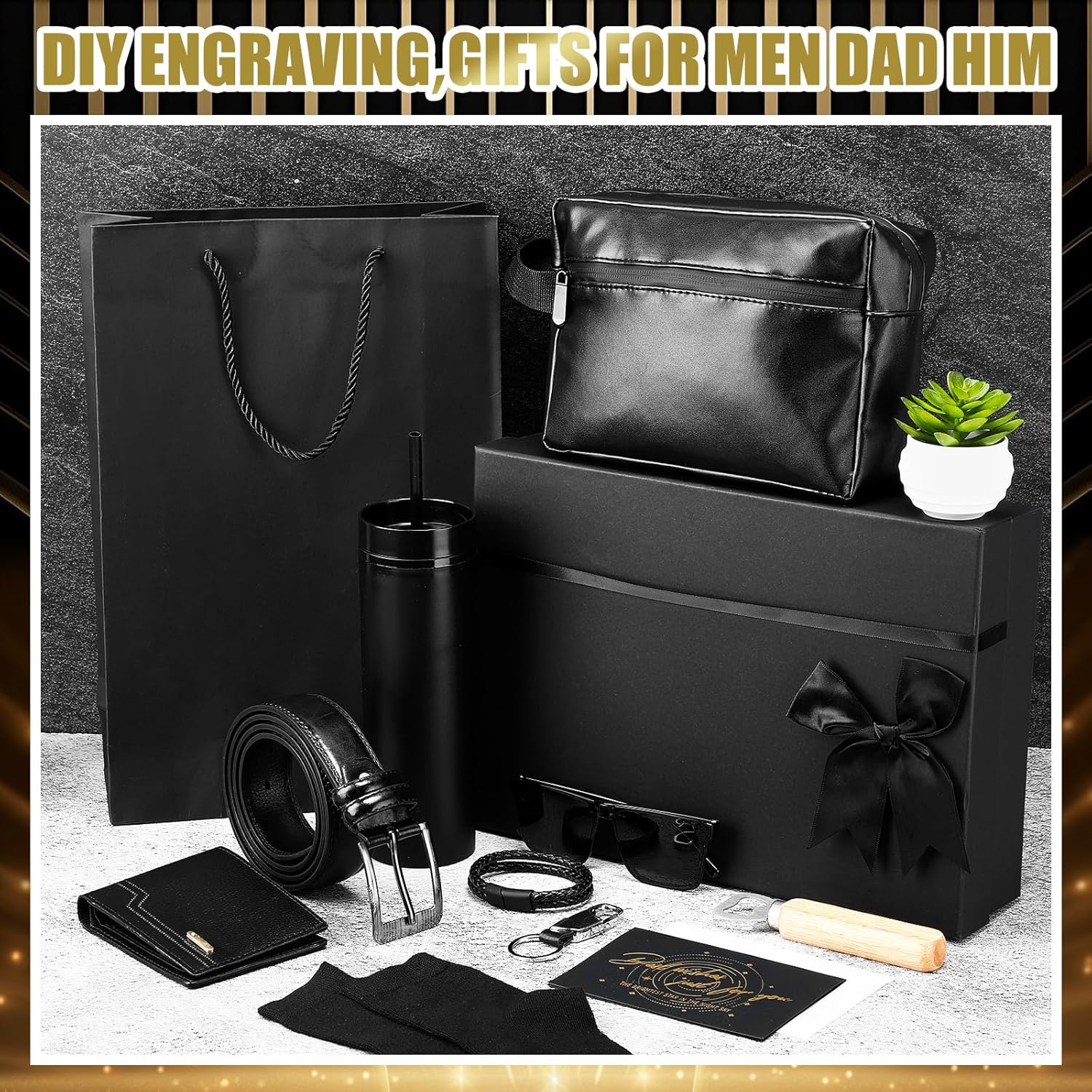 Skylety 13 Pcs Birthday Gifts Baskets for Men Valentine Gift for Men Birthday Gift Box 16 oz Tumblers Wallet Toiletry Bag Sock Bottle Opener Belt Bracelet Glasses Keychain for Dad Boyfriend Husband - Image 3