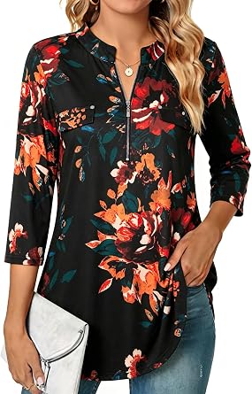 Ninedaily Womens 3/4 Sleeve Plaid Shirts Zip Floral Casual Tunic Blouse Tops