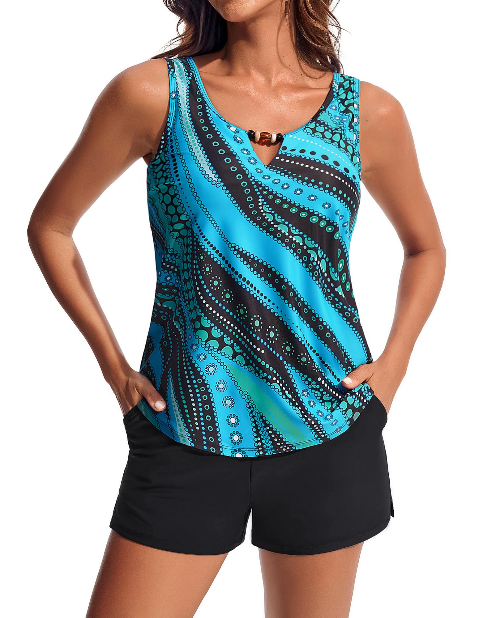 Hanna Nikole Women 2 Piece Tankini Swimsuits Modest Bathing Suit Beads V Neck Swimwear with Sporty Swim Shorts