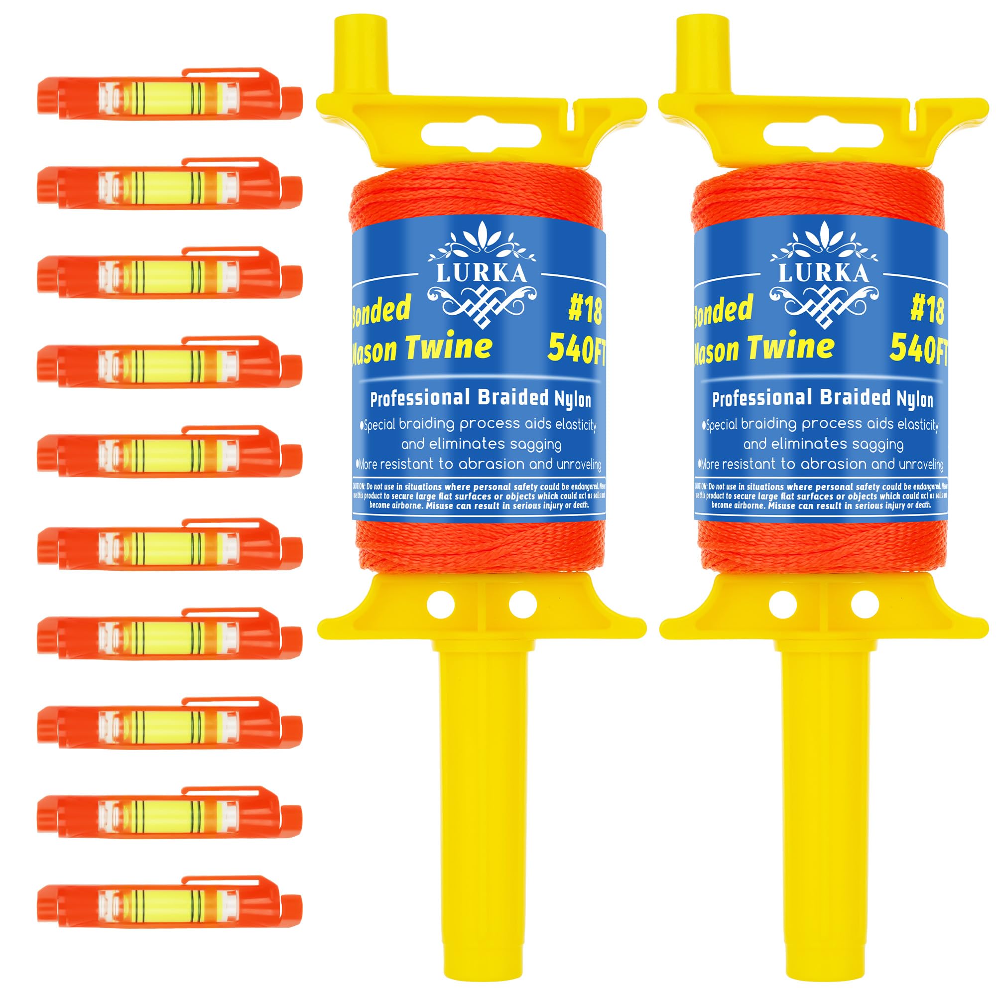 LURKA Paquete de 2 cuerdas Mason Line, #18 540 pies, línea de nailon trenzado con 10 niveles integrados y carrete de cuerda naranja fluorescente para trabajos de precisión, bricolaje y proyectos de