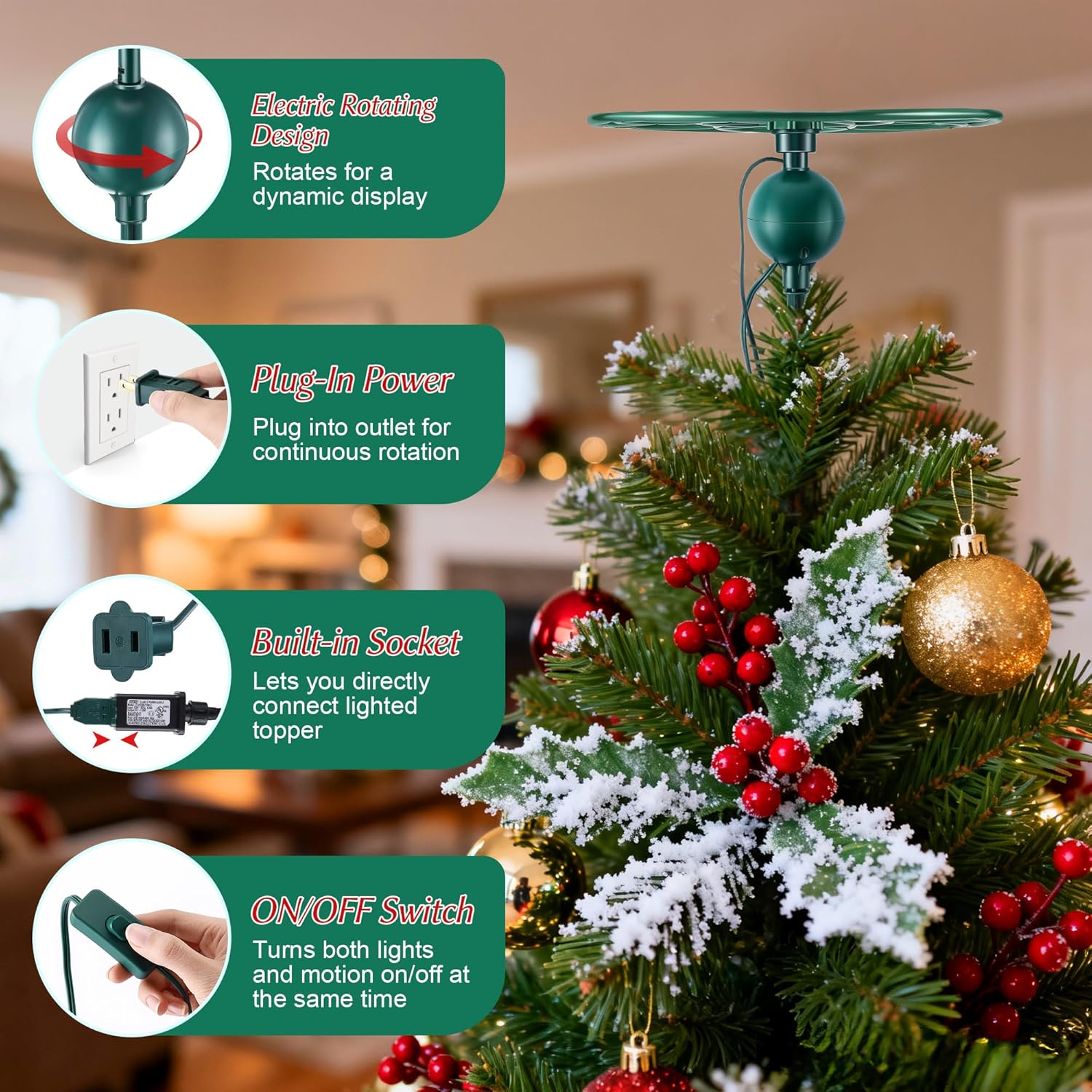 Meonum Upgraded Electric Rotating Christmas Tree Topper Holder, Universal Tree Topper Stabilizer Fits All Base Types, Green Support Rod to stabilize Seasonal Treetop Ornaments (Flat Base Type) - Image 7