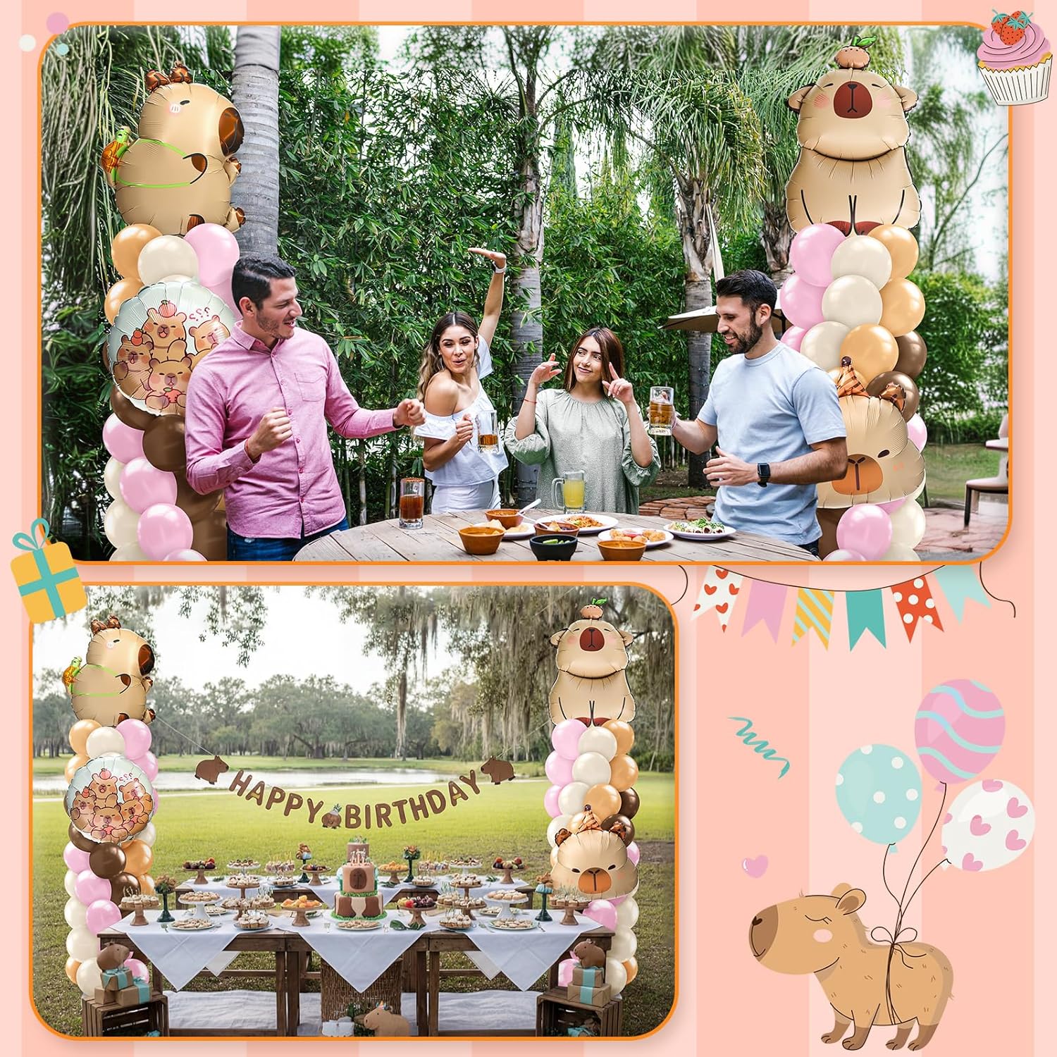 Kasyat 2 Sets Capybara Balloon Column Stand Kit Pink Brown Beige Orange Balloons Arch Garland for Capybara Birthday Party Gender Reveal Baby Shower Animal Theme Decoration