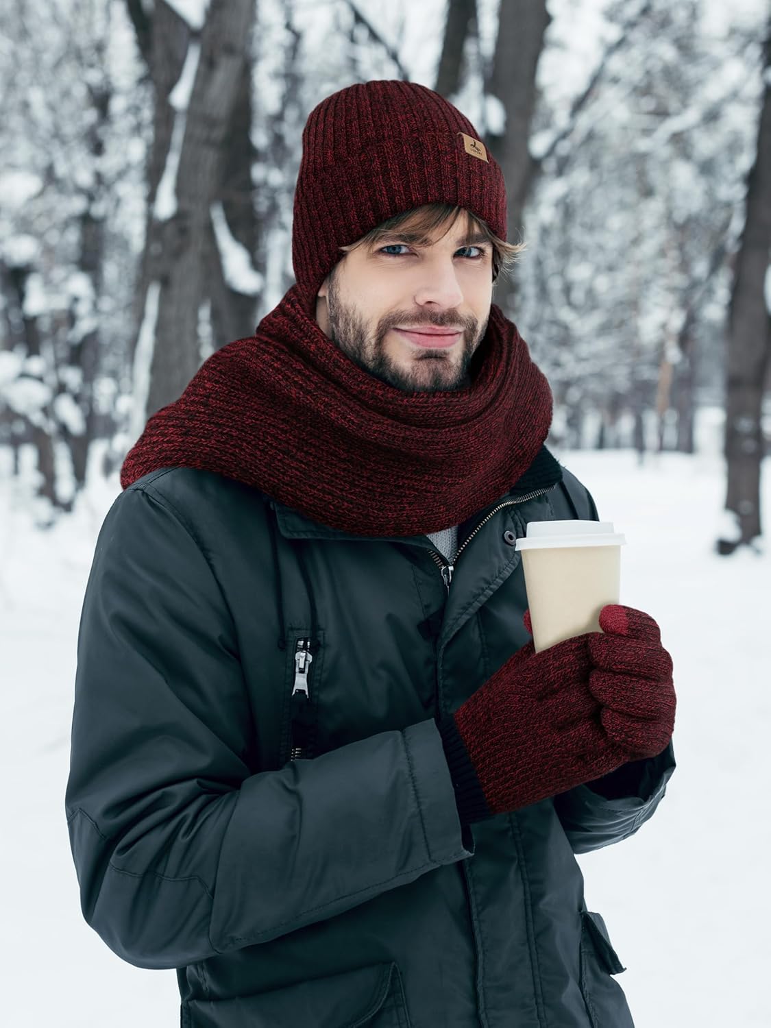 3 PCS Winter Hat Scarf Gloves Set, Soft Warm Knit Beanie Hat Touchscreen Gloves Long Knitted Scarf Set Winter Gifts for Men - Image 5