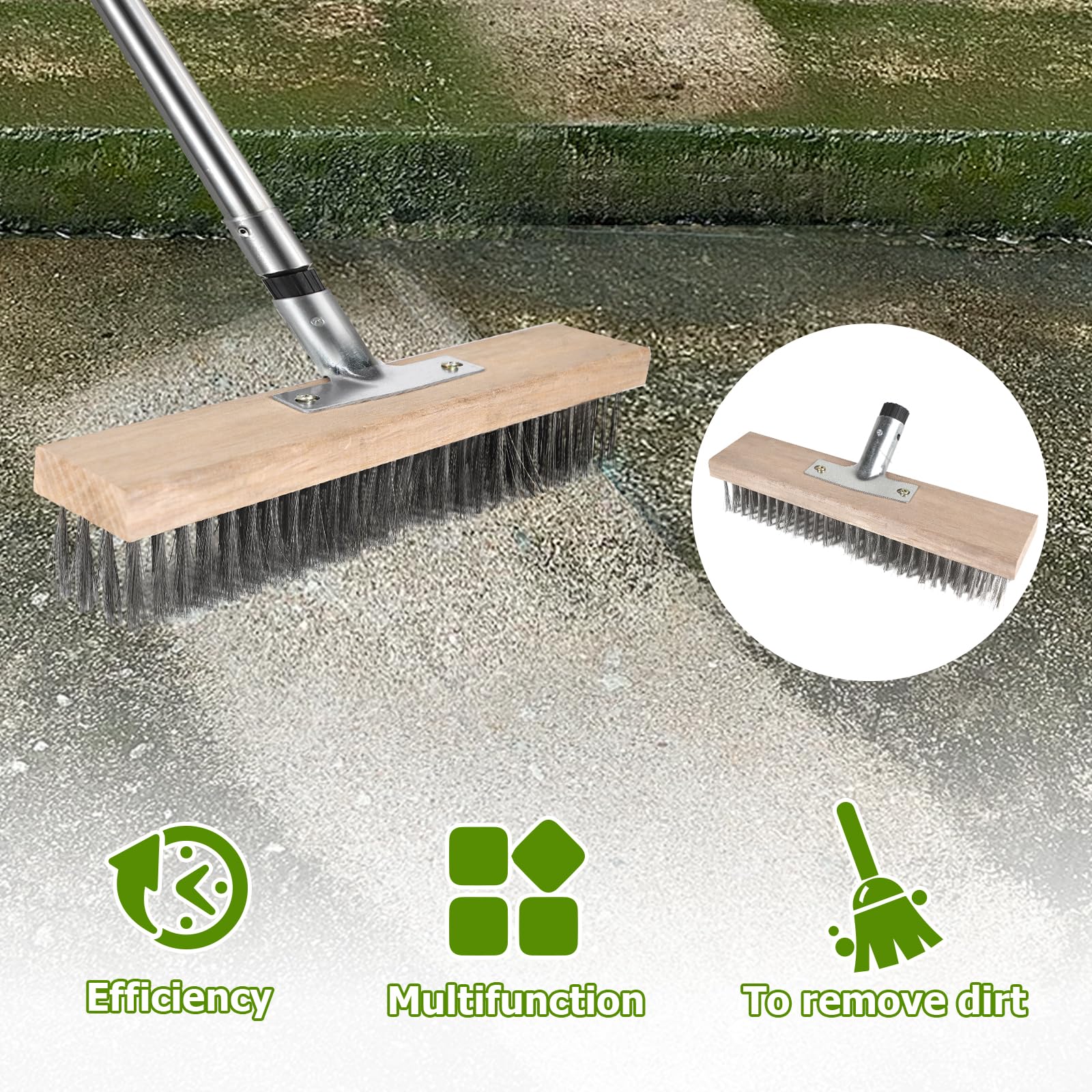 2 Pezzi Scopa metallica per giardino 30cm Scopa filo metallico con 1 set manico 1,6m acciaio giardino Spazzola per erbacce esterno per rimuovere erbacce, muschio e macchie ostinate