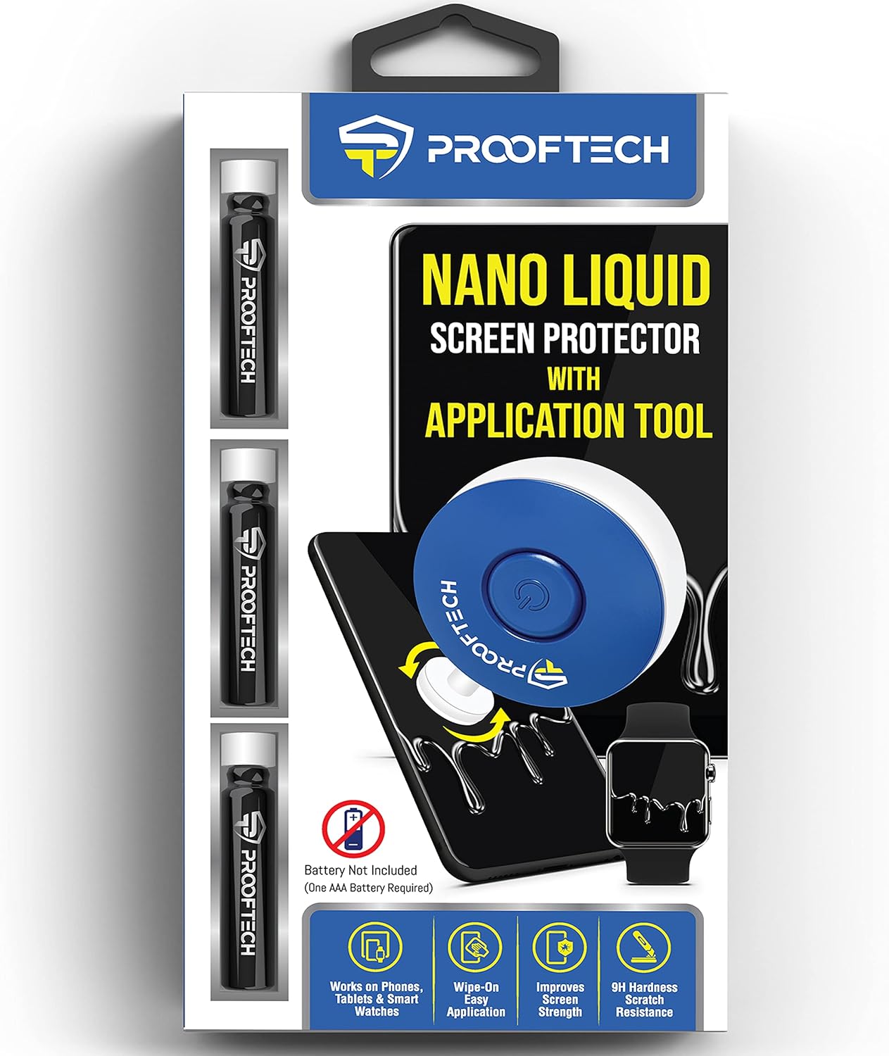 ProofTech Liquid Glass Screen Protector with Application Tool for All Smartphones Tablets and Watches Wipe On Nano Protection for Up to 12 Devices - 3 Bottles and Applicator (Battery Not Included)