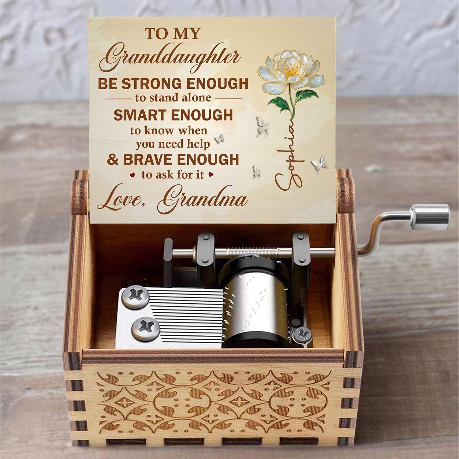 Personalized Granddaughter Music Box Gifts, Custom Birth Flower Wooden Music Box Be Strong Enough to Stand Alone Inspirational Keepsake, Birthday for Granddaughter